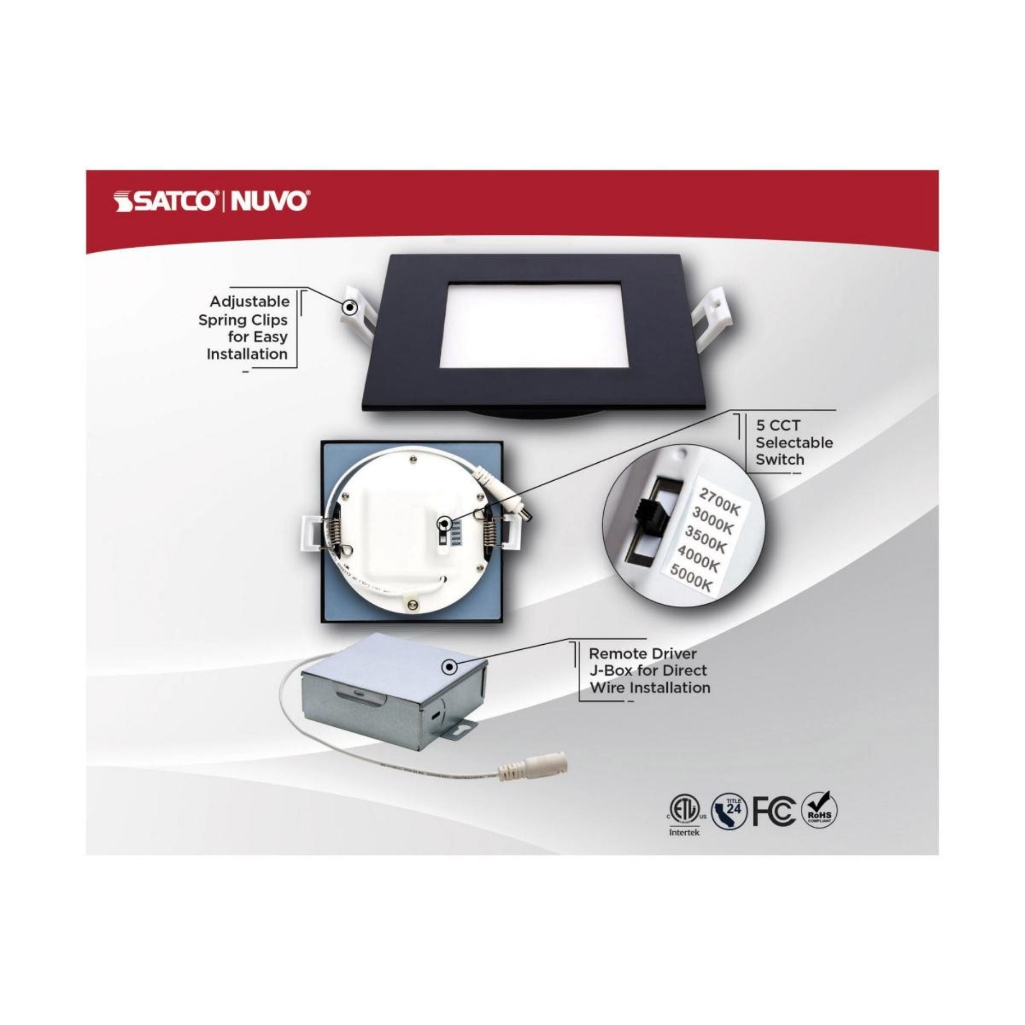 Slim Fit 4" Square Canless LED Recessed Light, 650 Lm, 5-CCT, Black Trim