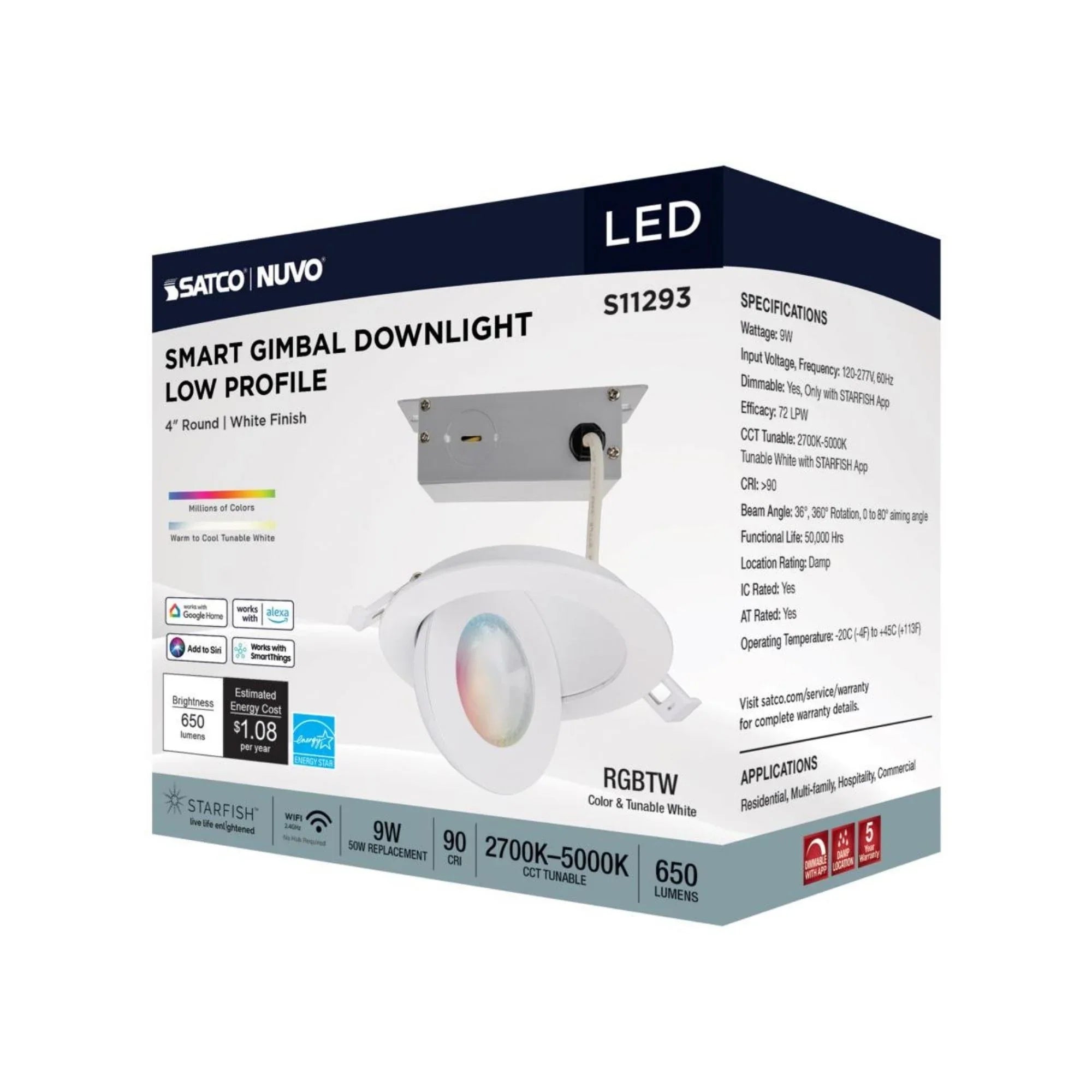 Starfish 4" Smart Gimbal LED Recessed Light, 650lm, RGB, 120-277V, White - Bees Lighting