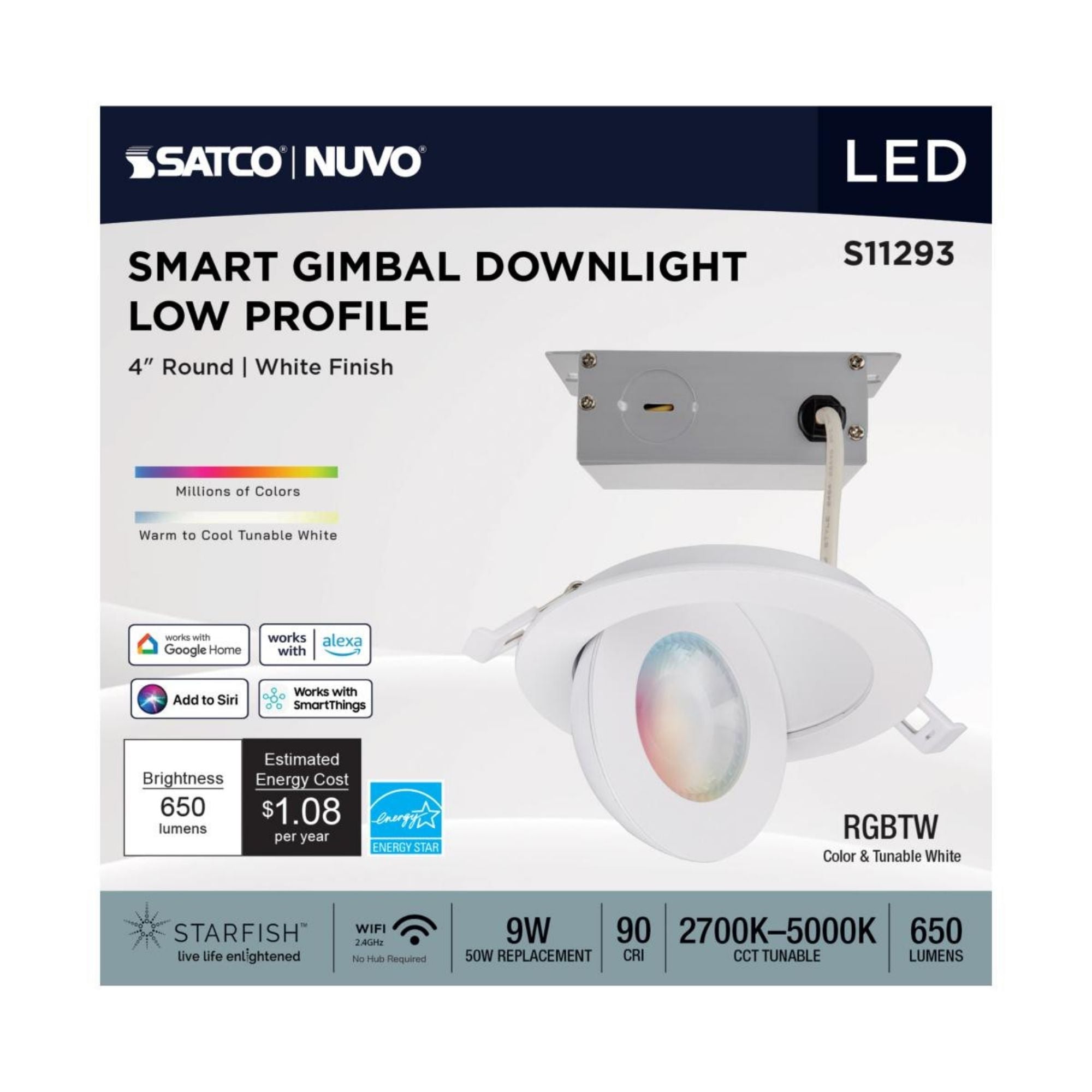 Starfish 4" Smart Gimbal LED Recessed Light, 650lm, RGB, 120-277V, White