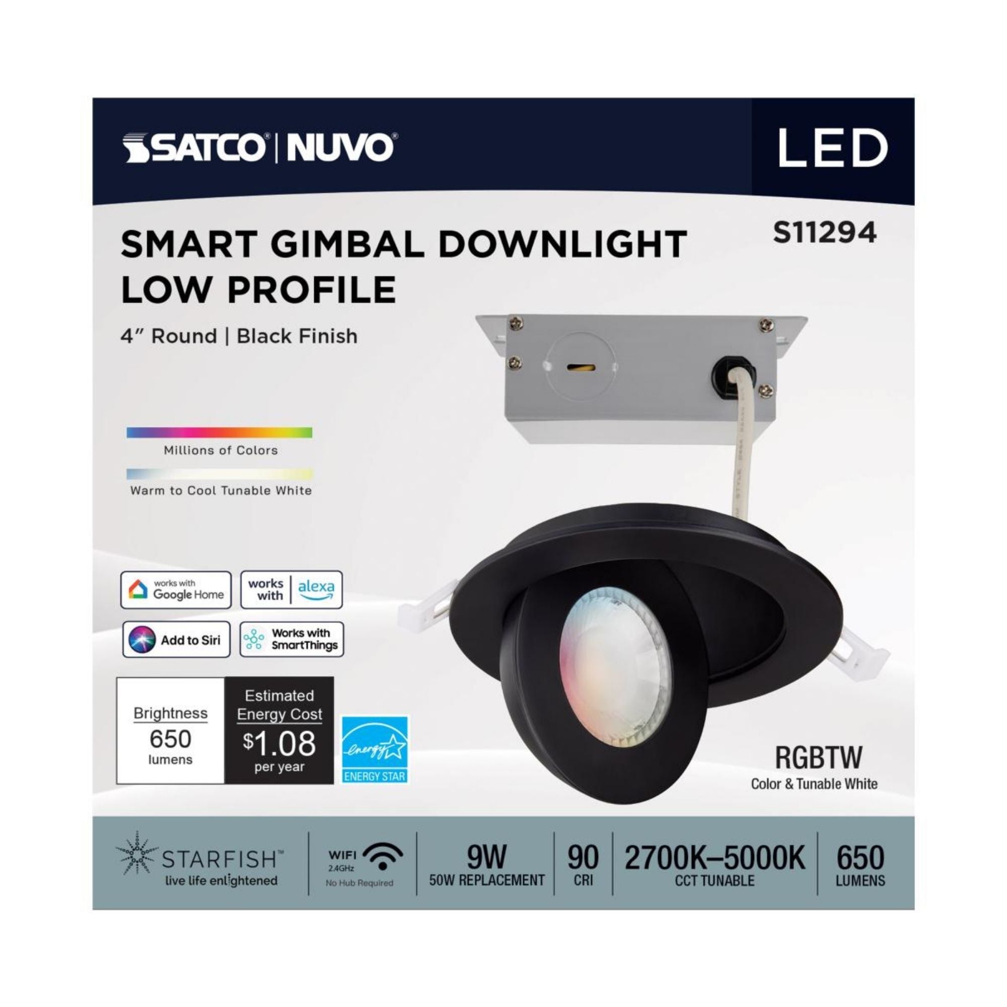 Starfish 4" Smart Gimbal LED Recessed Light, 650lm, RGB, 120-277V, Black