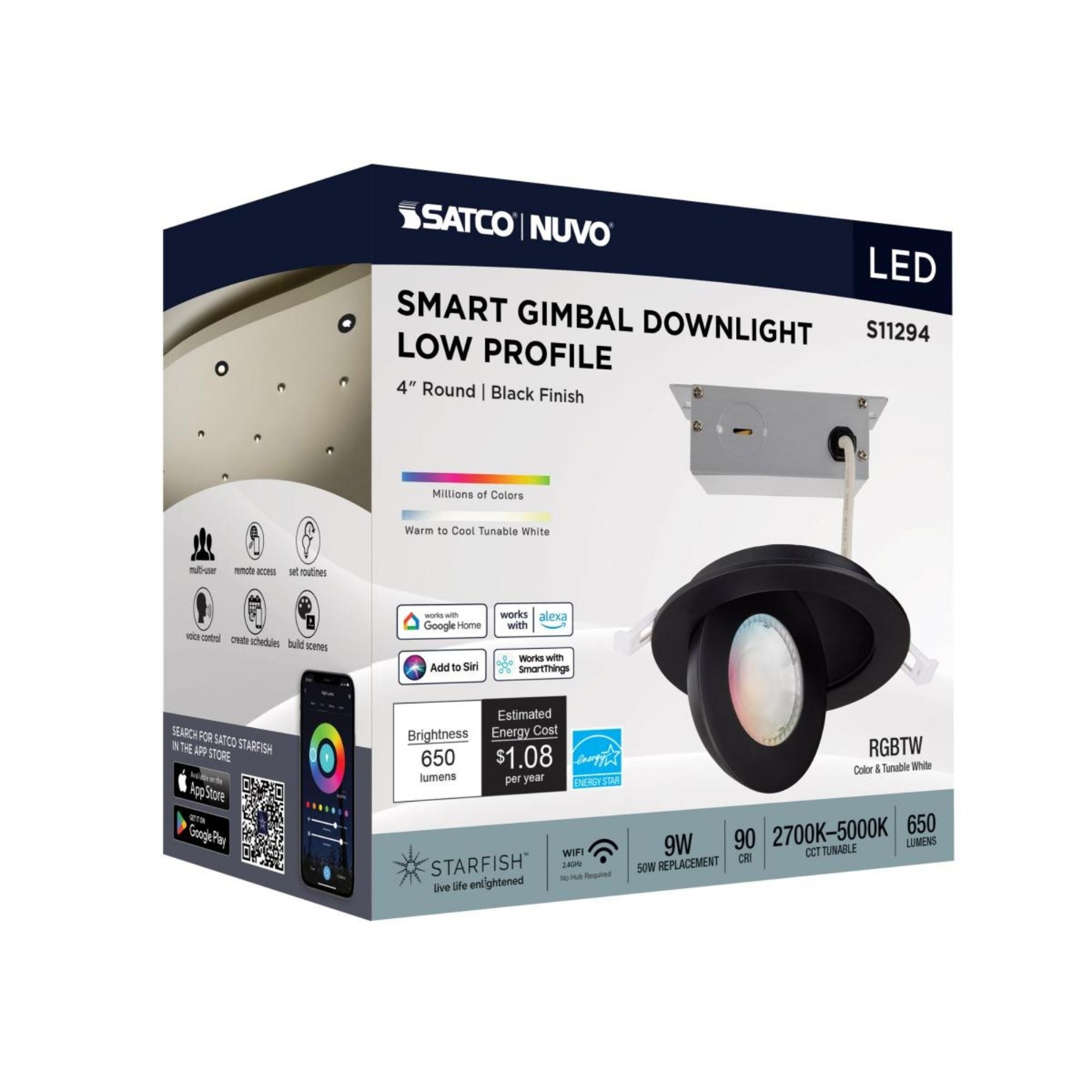 Starfish 4" Smart Gimbal LED Recessed Light, 650lm, RGB, 120-277V, Black