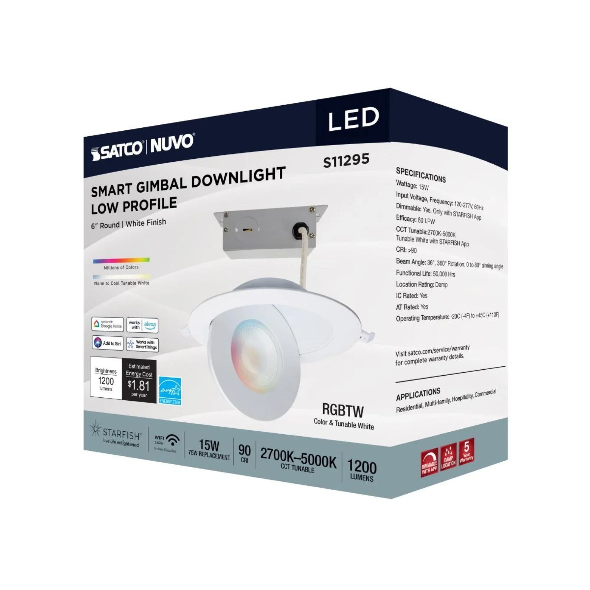 Starfish 6" Smart Gimbal LED Recessed Light, 1200lm, RGB, 120-277V, White