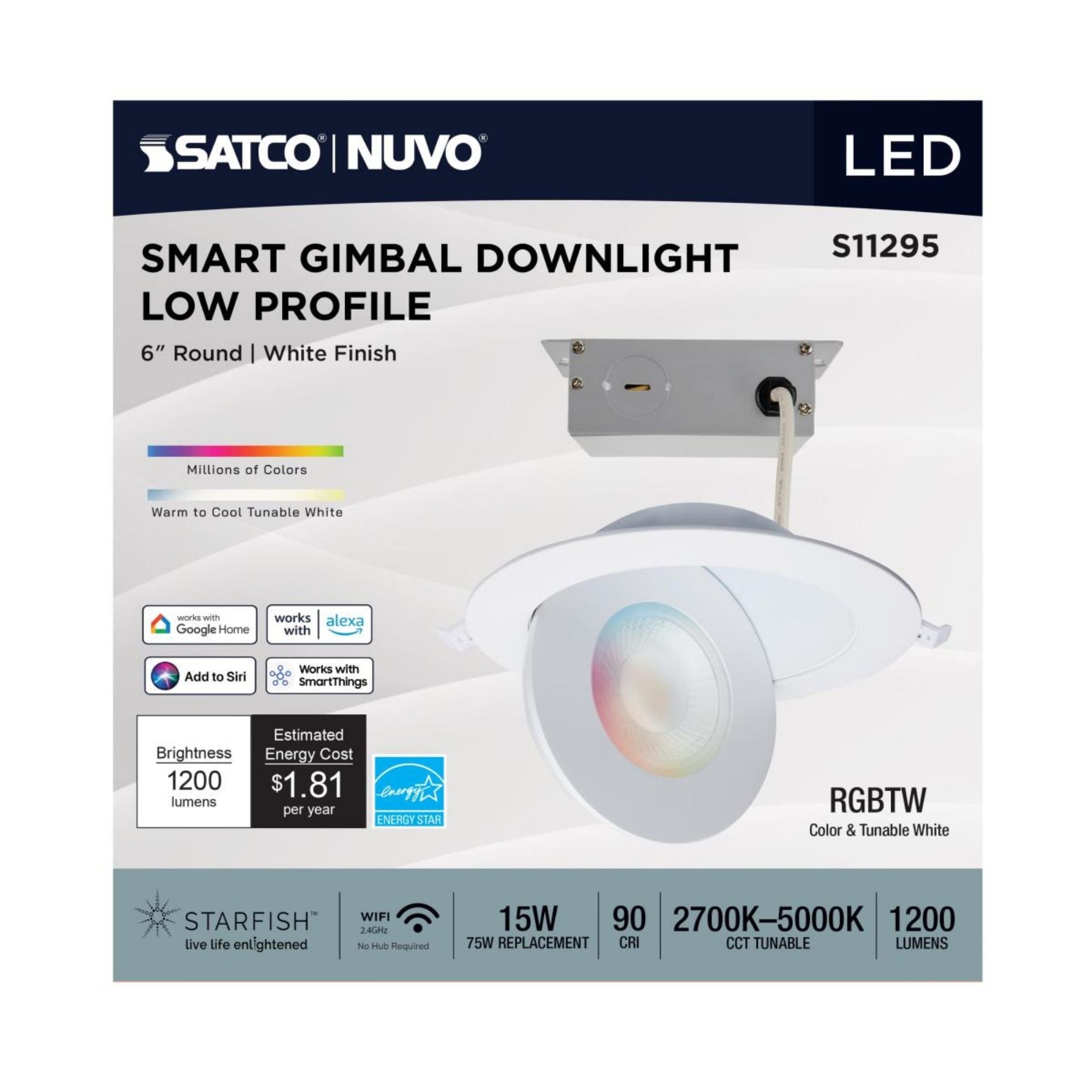 Starfish 6" Smart Gimbal LED Recessed Light, 1200lm, RGB, 120-277V, White