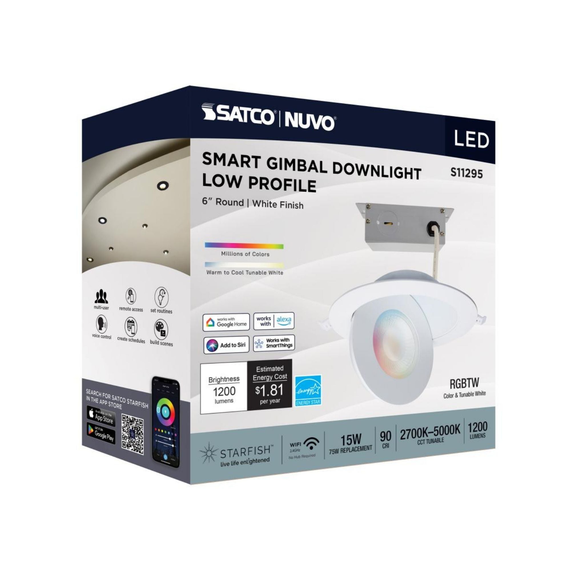 Starfish 6" Smart Gimbal LED Recessed Light, 1200lm, RGB, 120-277V, White