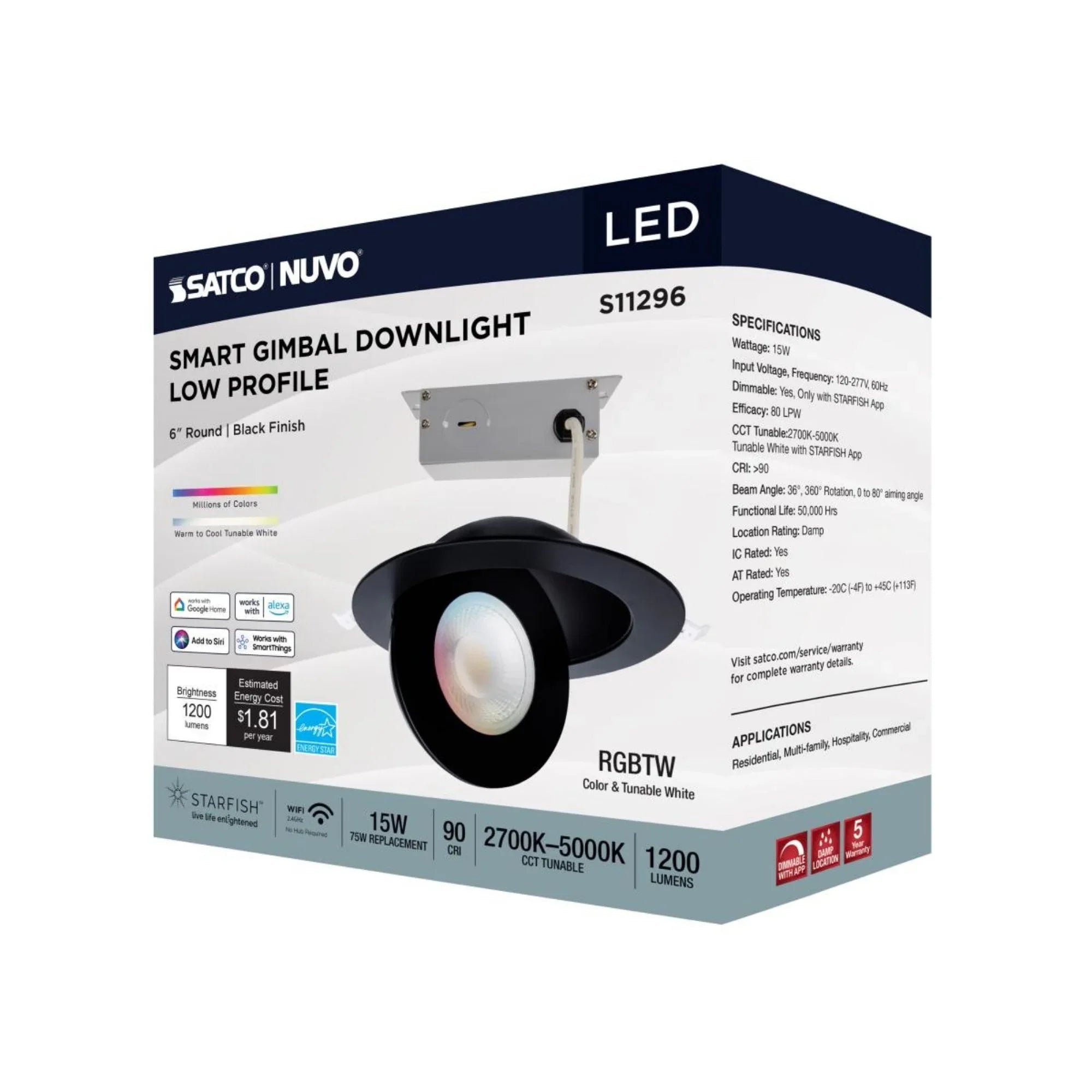 Starfish 6" Smart Gimbal LED Recessed Light, 1200lm, RGB, 120-277V, Black