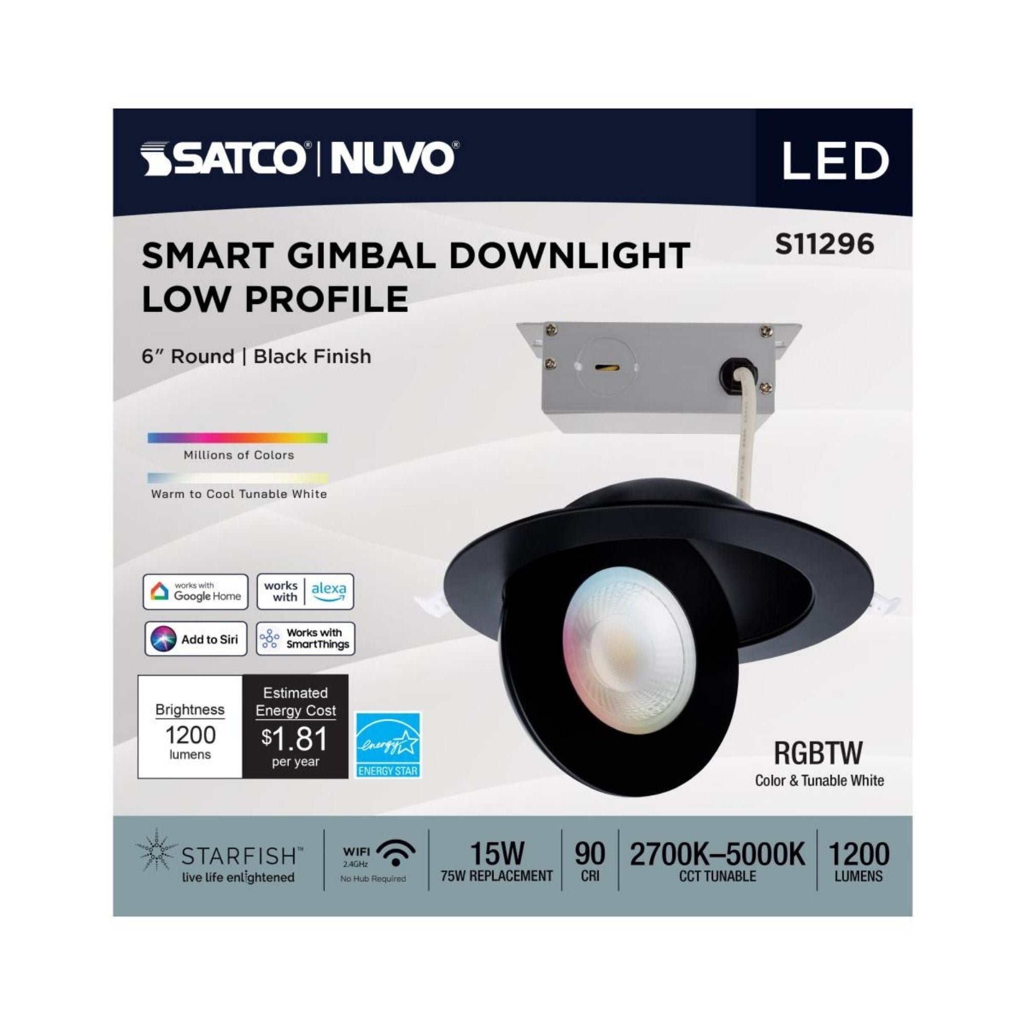 Starfish 6" Smart Gimbal LED Recessed Light, 1200lm, RGB, 120-277V, Black
