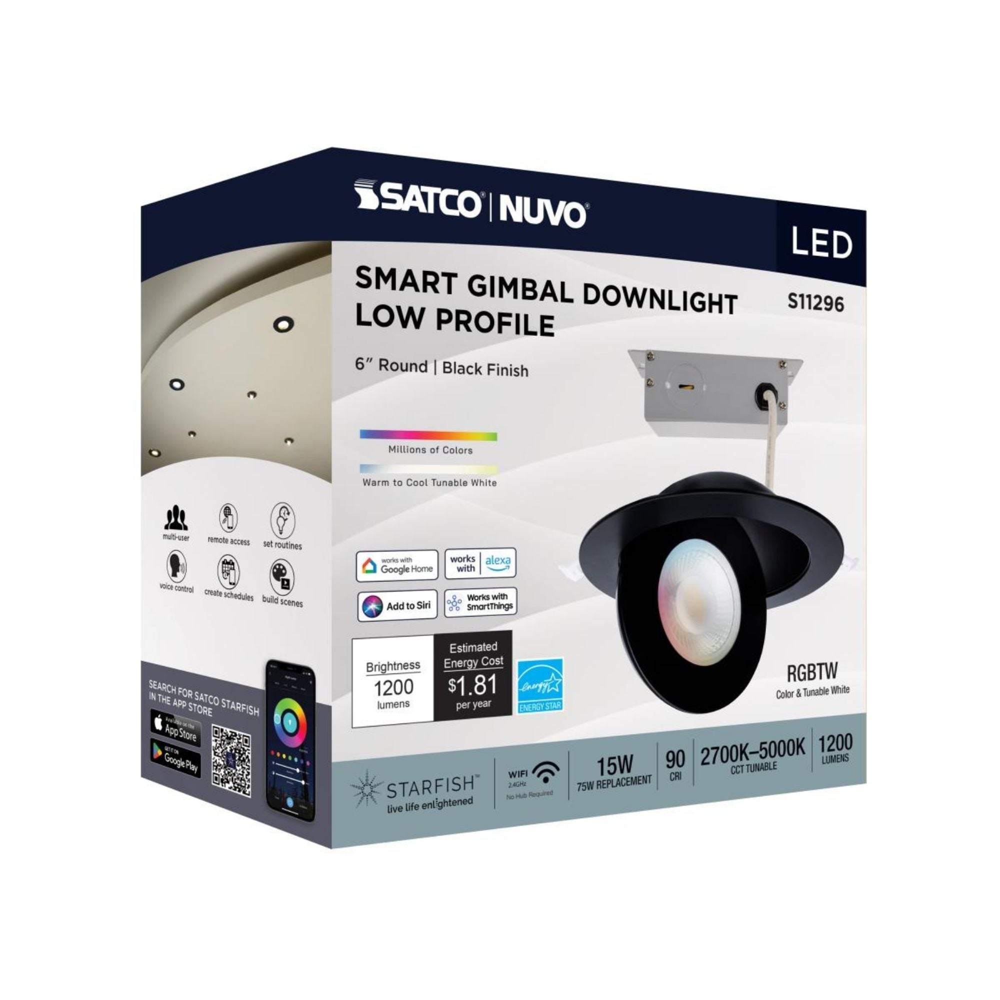 Starfish 6" Smart Gimbal LED Recessed Light, 1200lm, RGB, 120-277V, Black