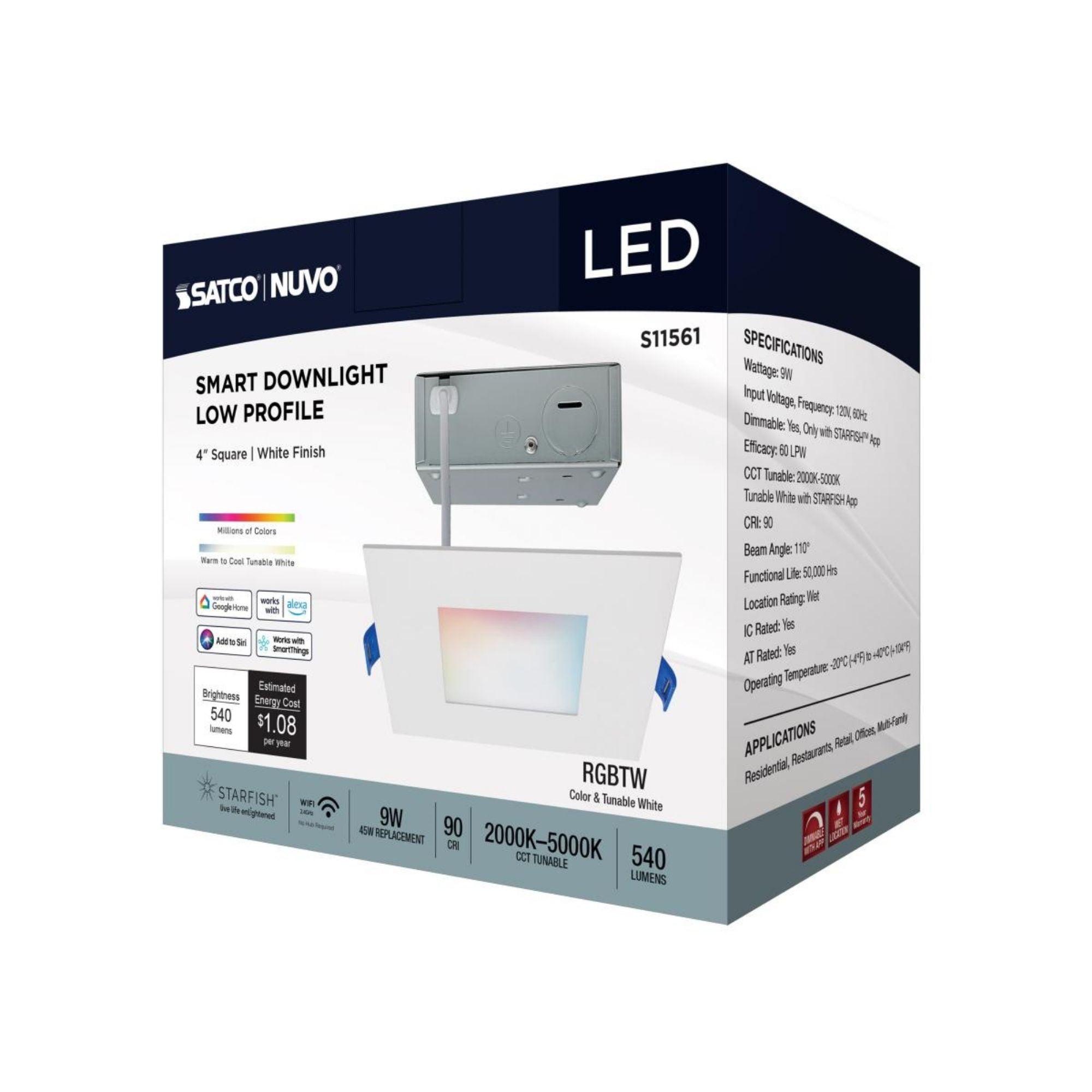 Starfish 4" Smart Slimfit LED Recessed Light, 540lm, RGB, Square Flat Trim