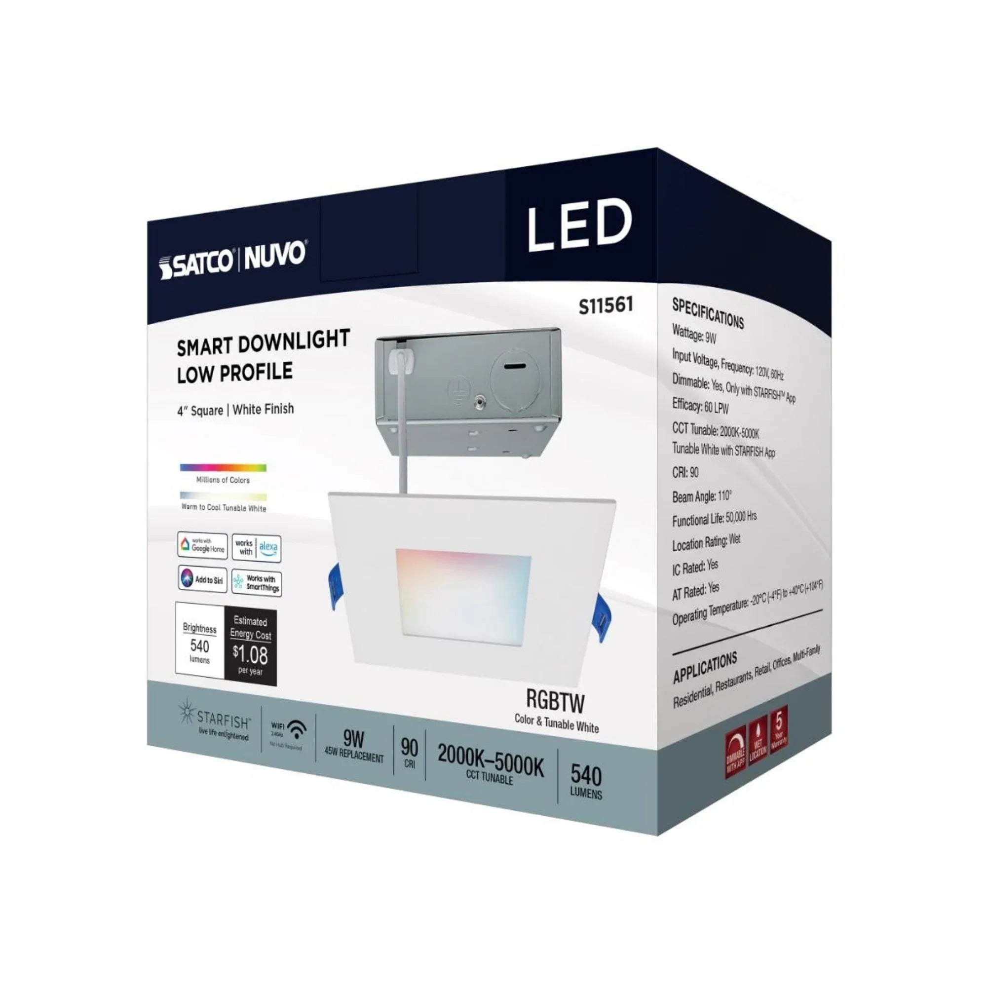Starfish 4" Smart Slimfit LED Recessed Light, 540lm, RGB, Square Flat Trim