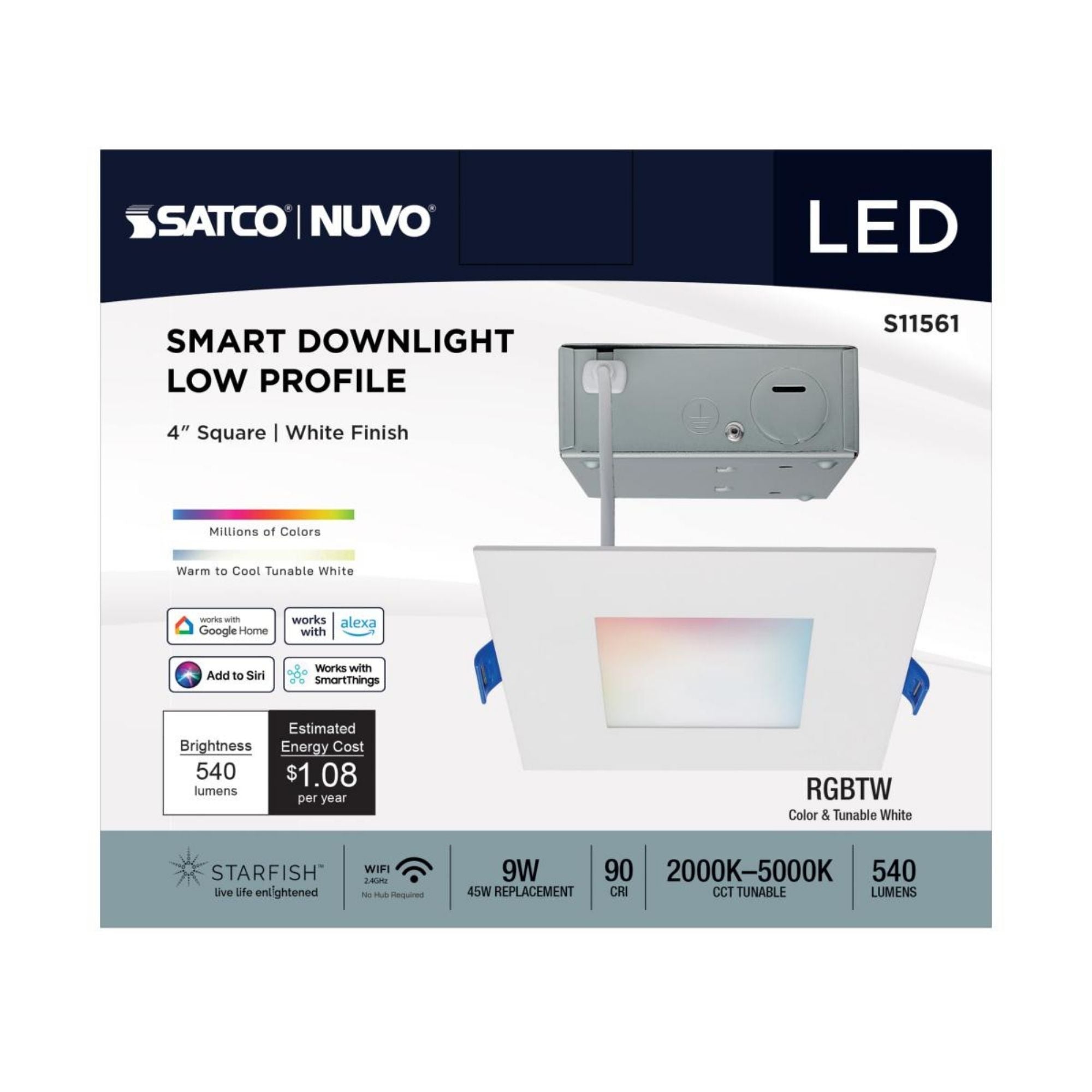 Starfish 4" Smart Slimfit LED Recessed Light, 540lm, RGB, Square Flat Trim