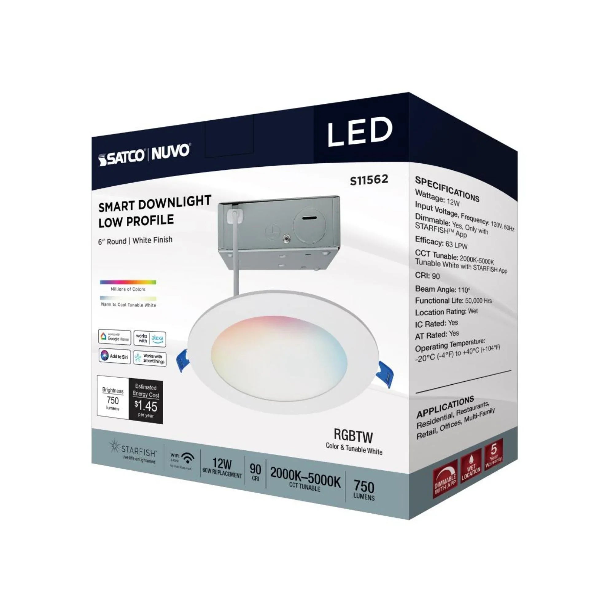 Starfish 6" Smart Slimfit LED Recessed Light, 750lm, RGB, Round Flat Trim