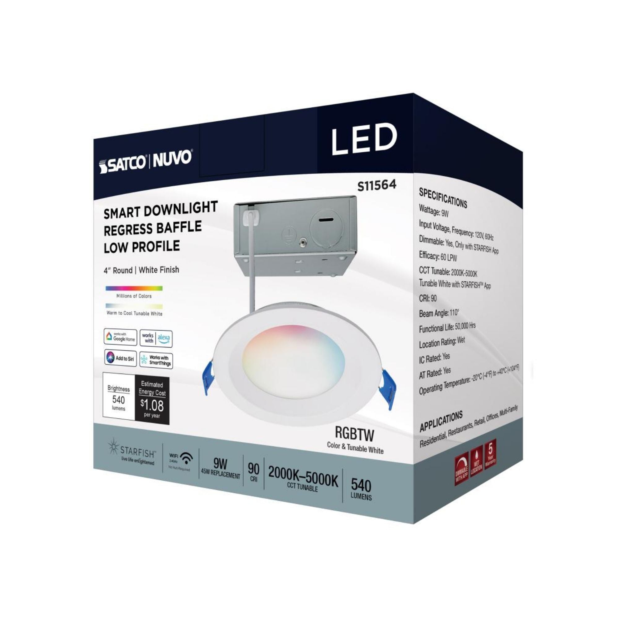Starfish 4" Smart LED Downlight, 540lm, RGB, Round Regress Trim