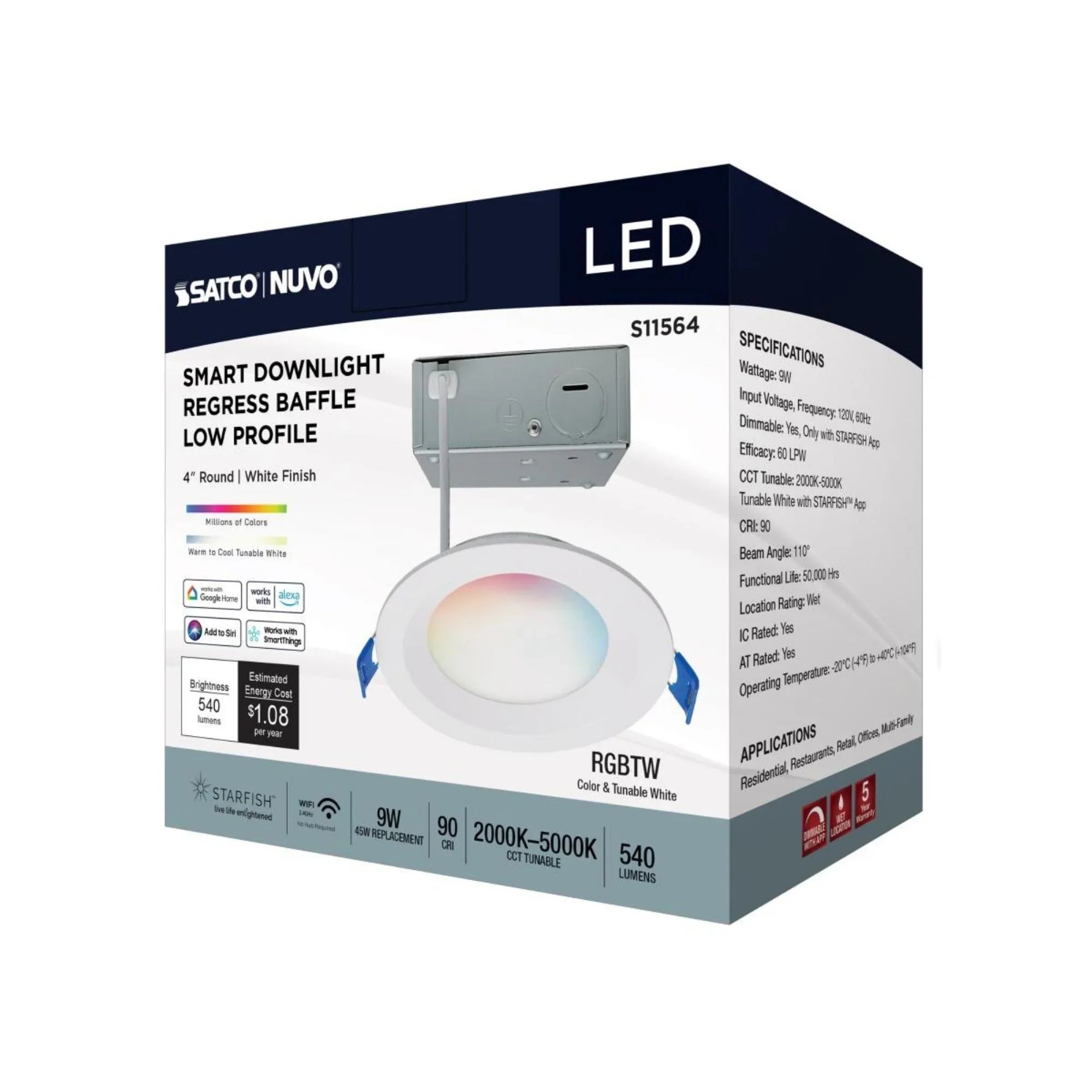 Starfish 4" Smart LED Downlight, 540lm, RGB, Round Regress Trim