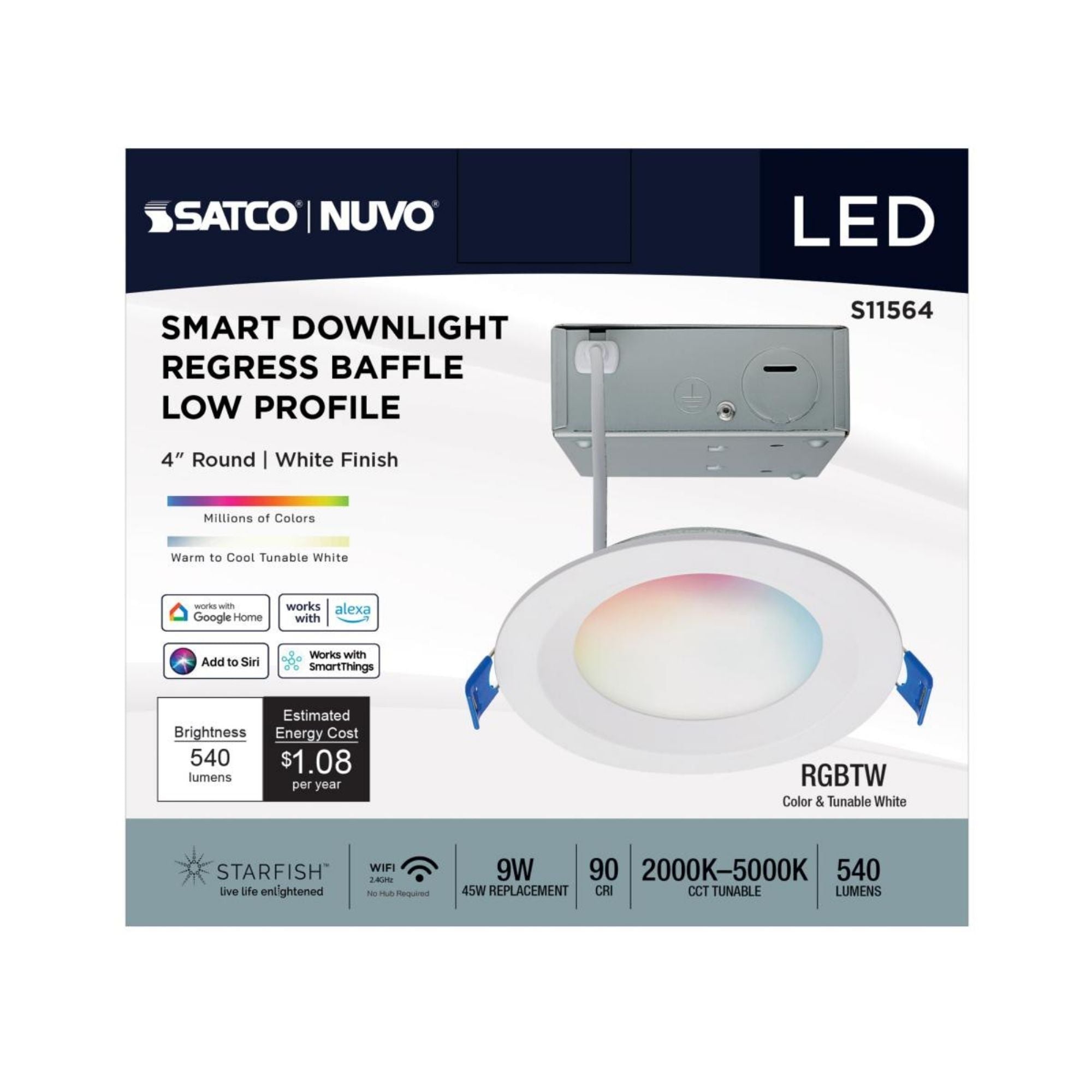 Starfish 4" Smart LED Downlight, 540lm, RGB, Round Regress Trim
