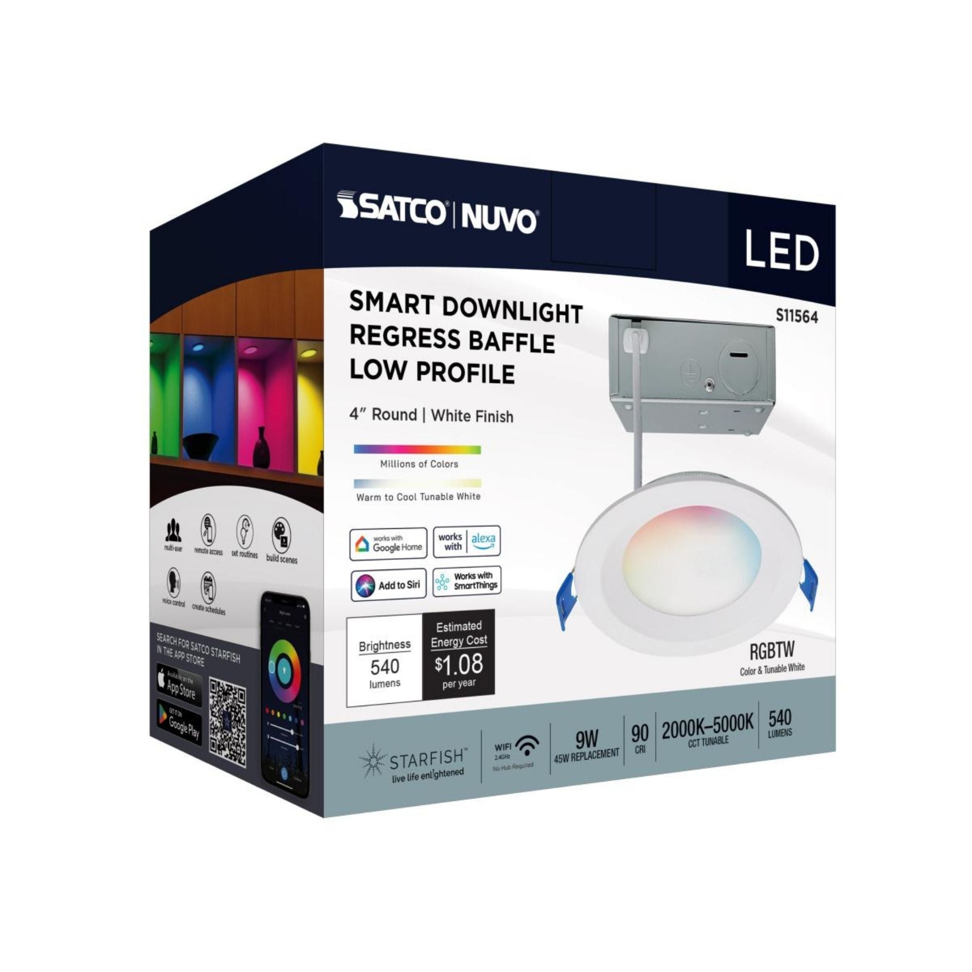 Starfish 4" Smart LED Downlight, 540lm, RGB, Round Regress Trim