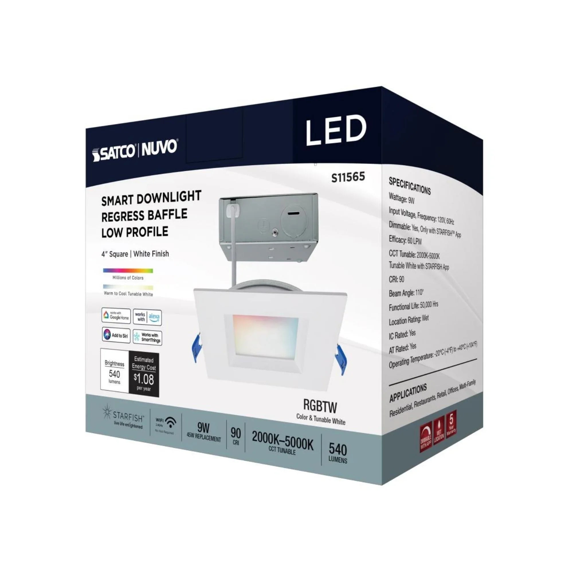 Starfish 4" Smart LED Downlight, 540lm, RGB, Square Regress Trim
