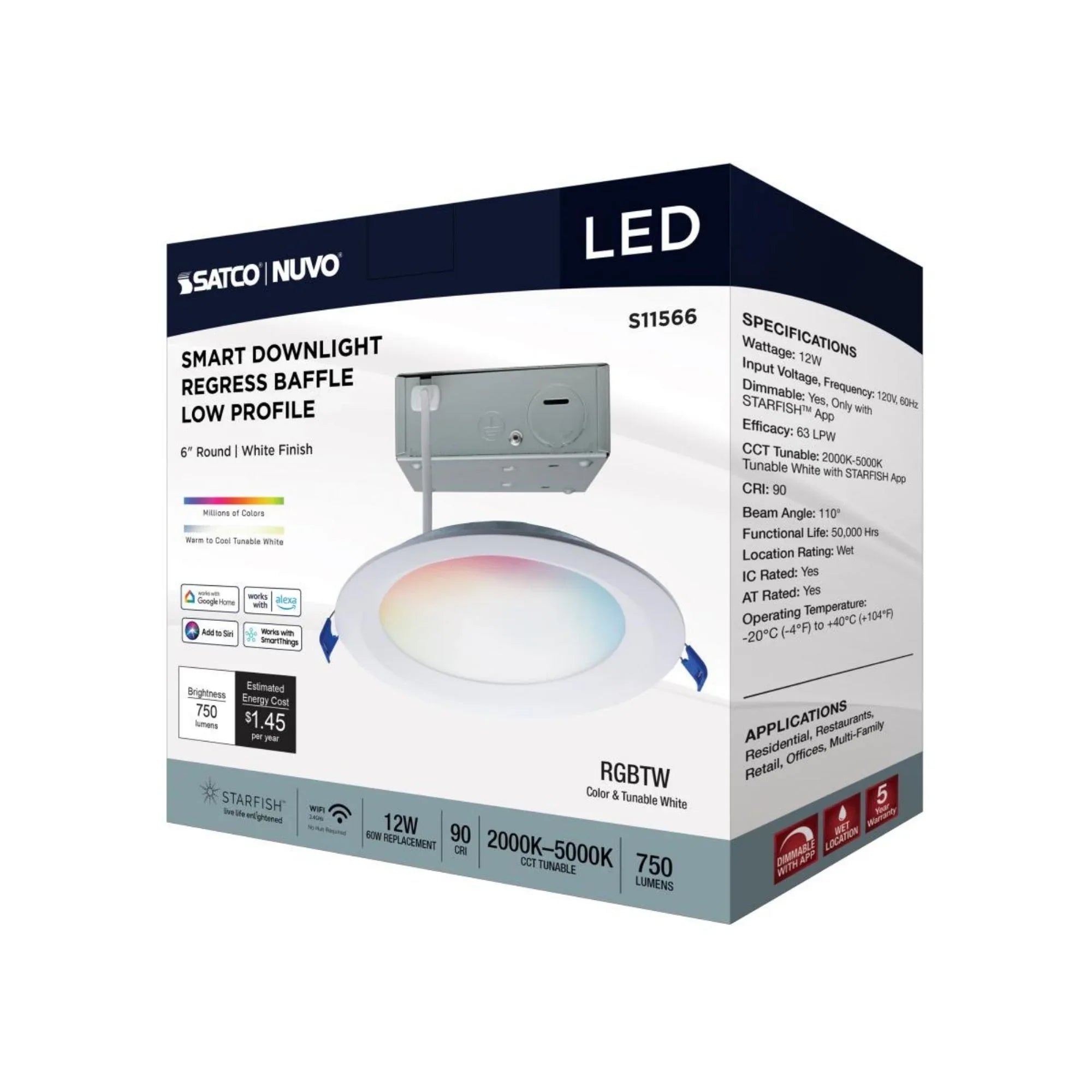 Starfish 6" Smart LED Downlight, 750lm, RGB, Round Regress Trim