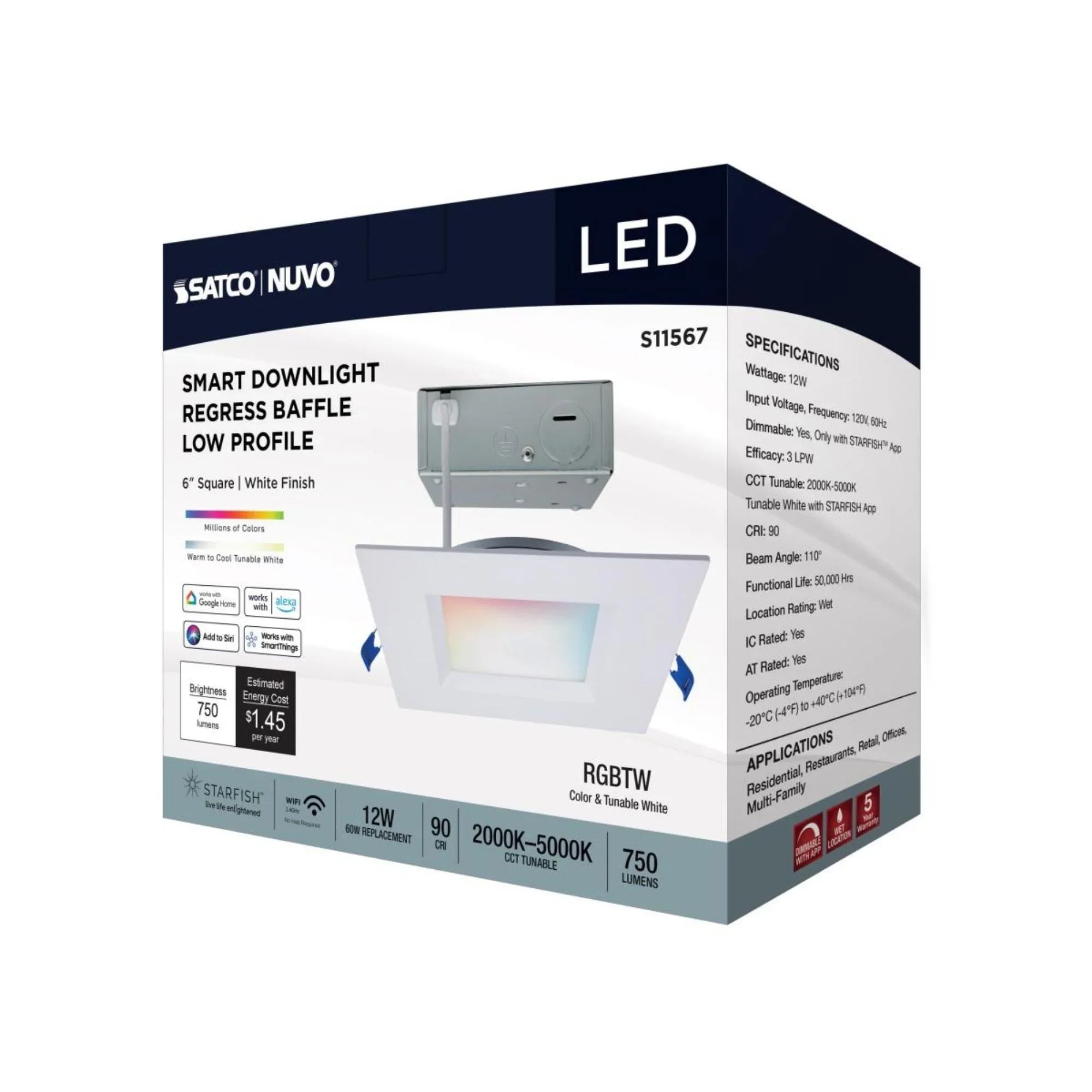 Starfish 6" Smart LED Downlight, 750lm, RGB, Square Regress Trim