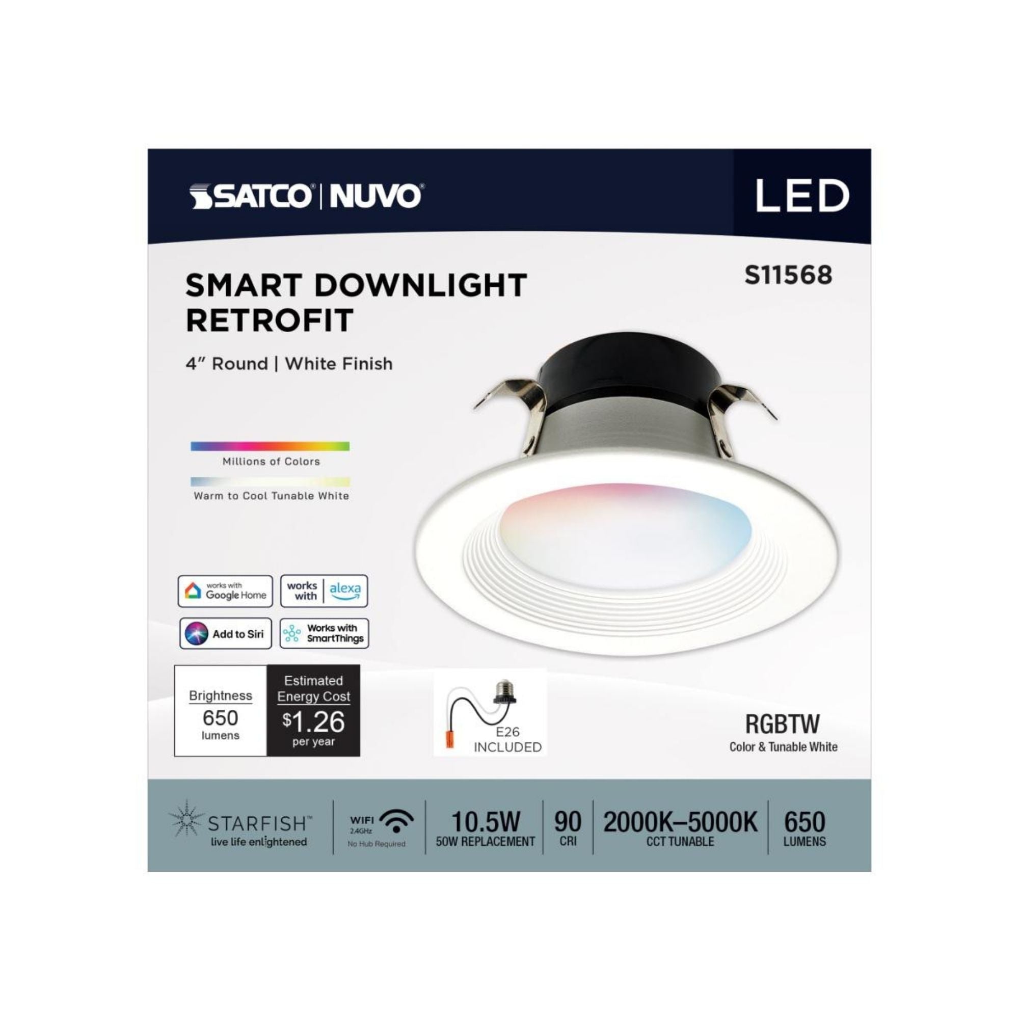 Starfish 4" Smart LED Retrofit Downlight, 650lm, RGB, Round Baffle Trim