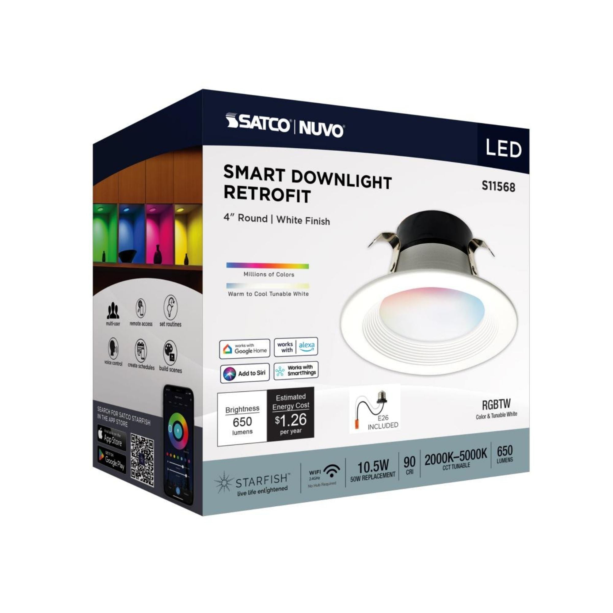 Starfish 4" Smart LED Retrofit Downlight, 650lm, RGB, Round Baffle Trim