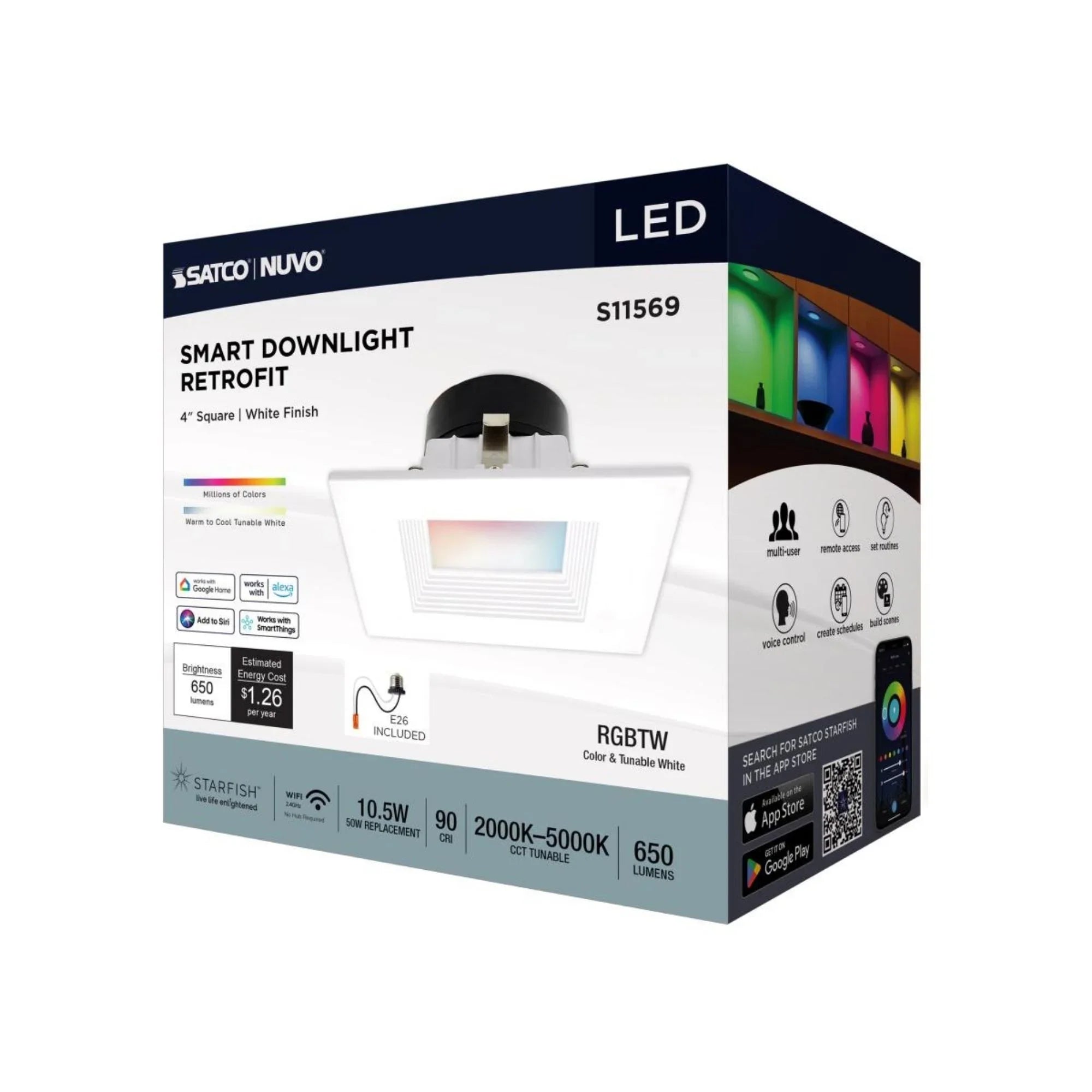 Starfish 4" Smart LED Retrofit Downlight, 650lm, RGB, Square Baffle Trim