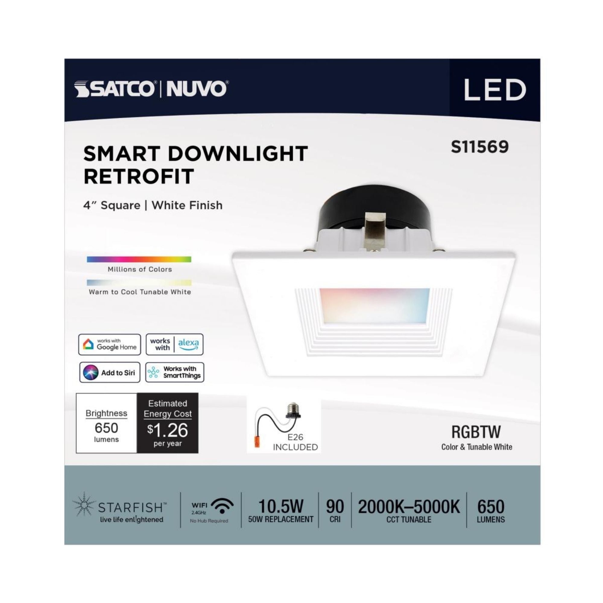Starfish 4" Smart LED Retrofit Downlight, 650lm, RGB, Square Baffle Trim