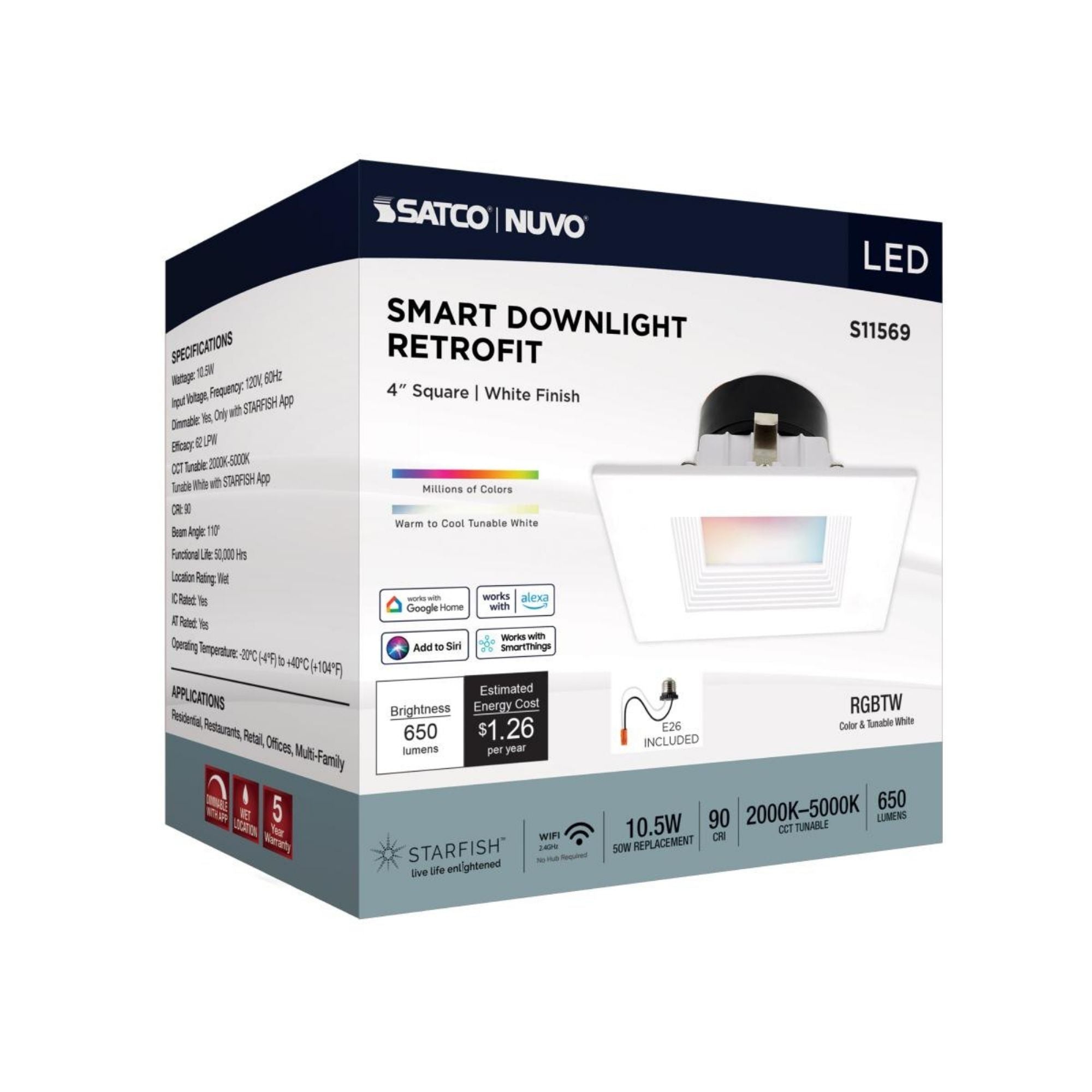Starfish 4" Smart LED Retrofit Downlight, 650lm, RGB, Square Baffle Trim