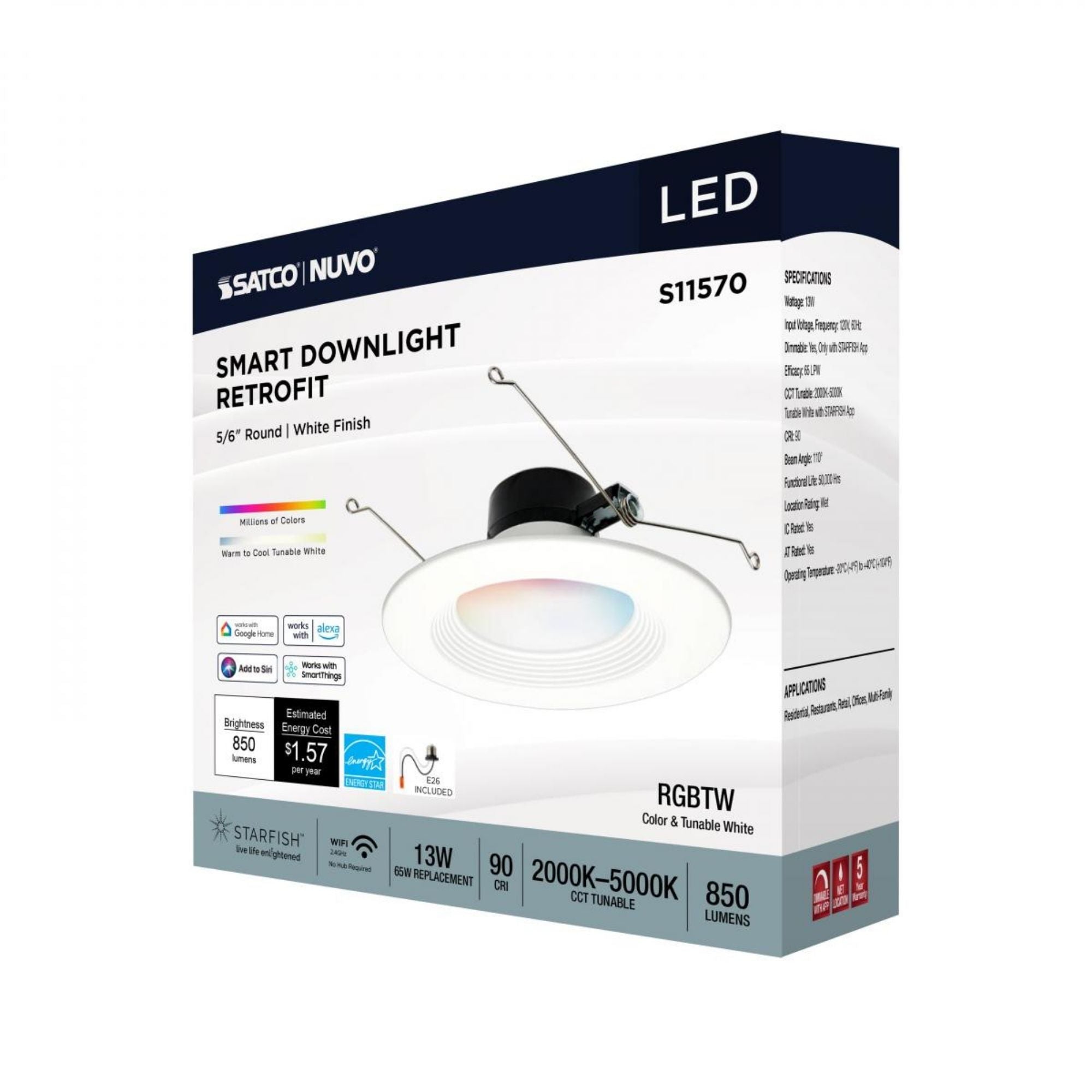 Starfish 6" Smart LED Retrofit Downlight, 850lm, RGB, Round Baffle Trim
