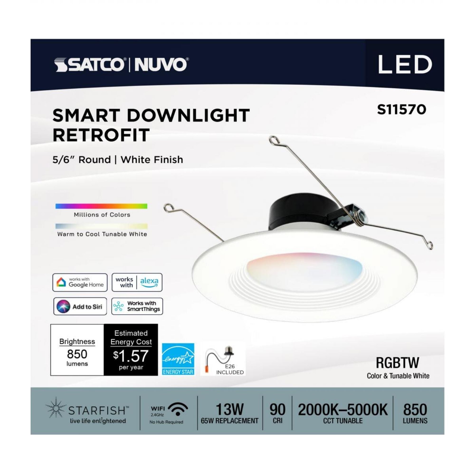 Starfish 6" Smart LED Retrofit Downlight, 850lm, RGB, Round Baffle Trim