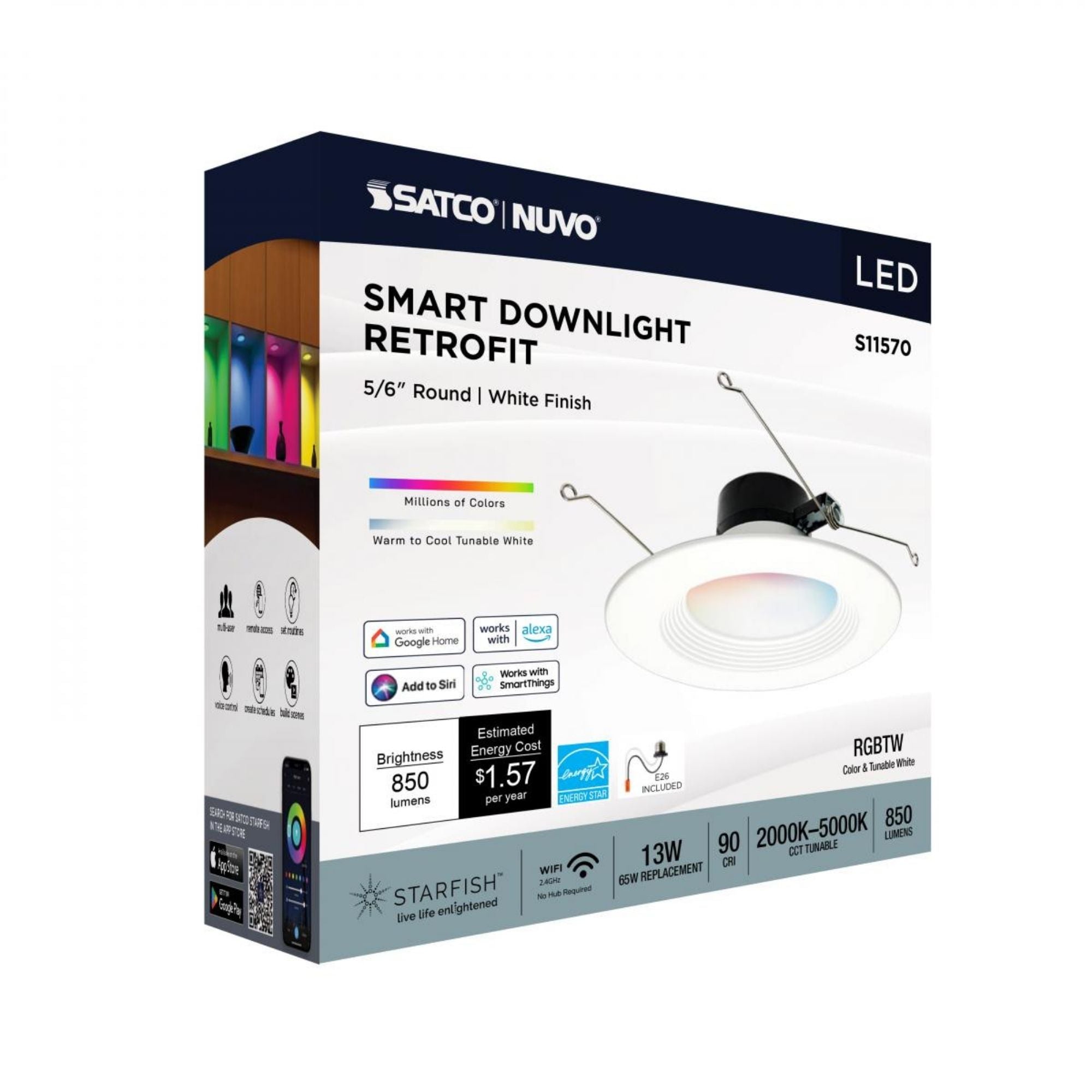 Starfish 6" Smart LED Retrofit Downlight, 850lm, RGB, Round Baffle Trim