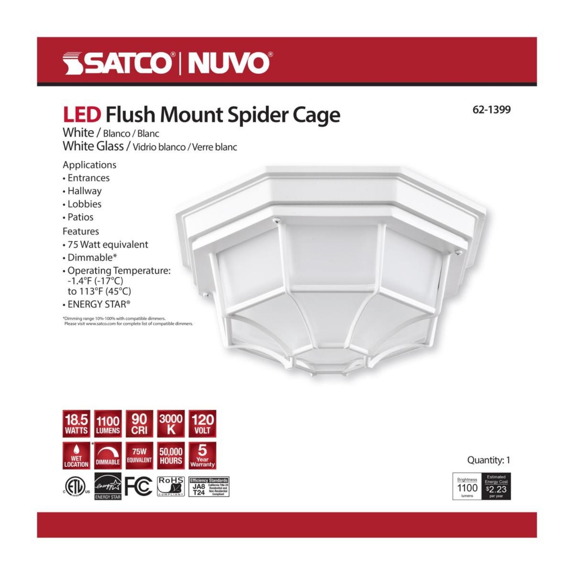 11" LED Ceiling Spider Cage Fixture, 1100 Lm, 3000K, White - Bees Lighting