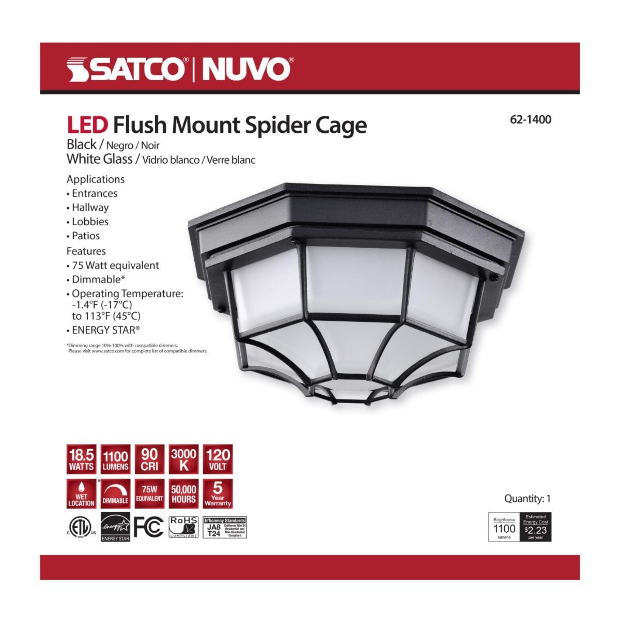 11" LED Ceiling Spider Cage Fixture, 1100 Lm, 3000K, Black - Bees Lighting