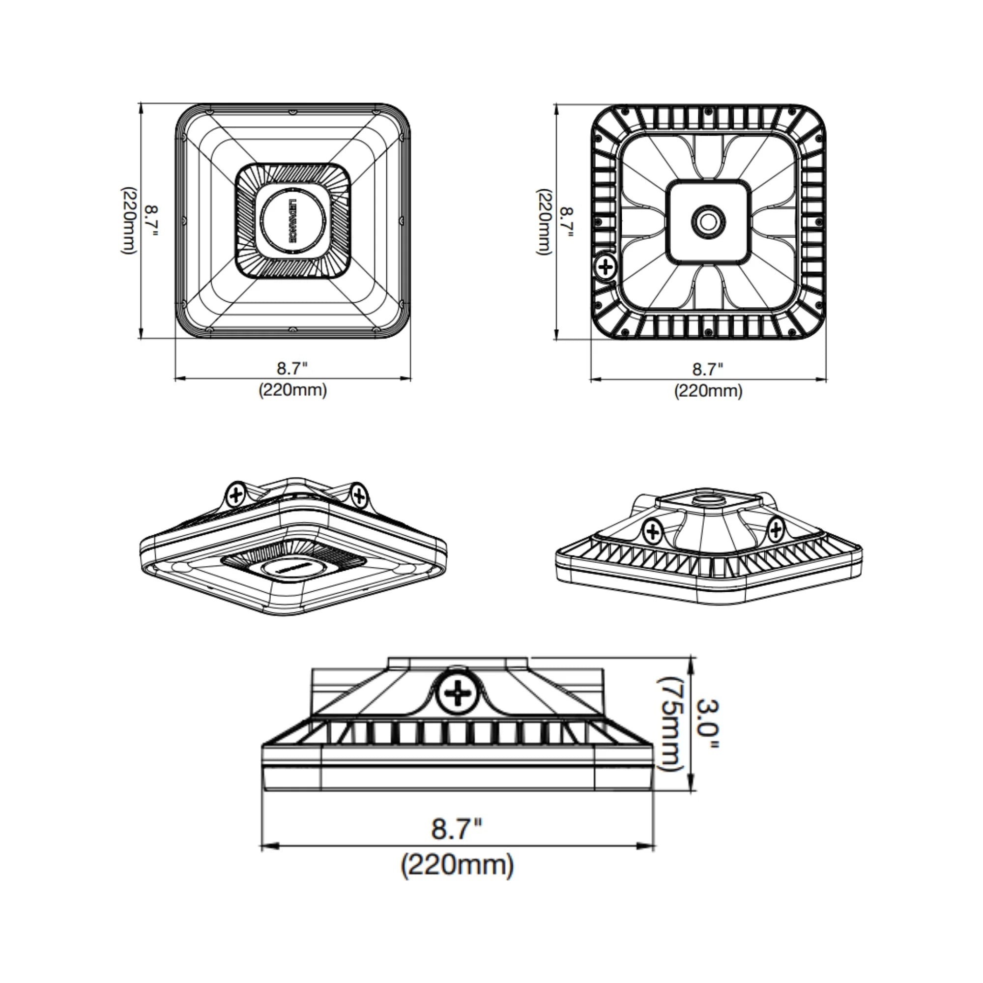 8x8" LED Canopy Light, 50W, 7500 Lumens, 30K/40K/50K, 120-347V, Bronze - Bees Lighting