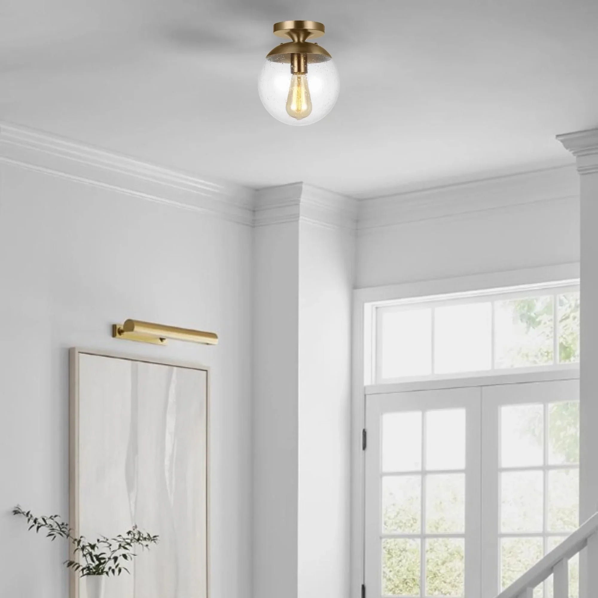 Leo Hanging Globe 10" Wall/Ceiling Semi-Flush Mount, Satin Brass Finish with Clear Seeded Glass