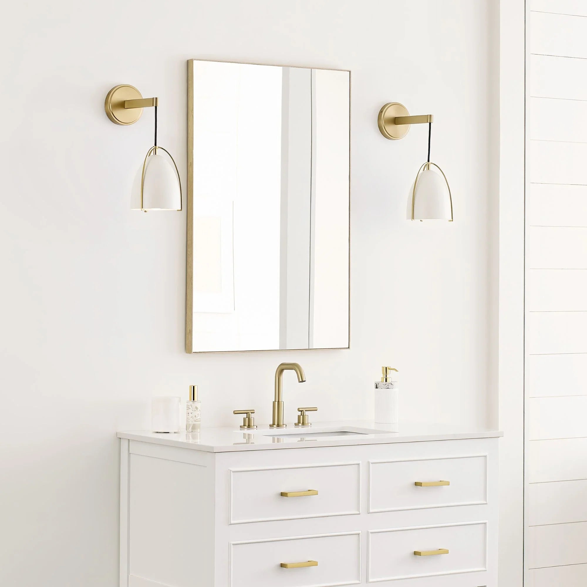 Norman 15" LED Bath Sconce, Satin Brass Finish with Matte White Shade