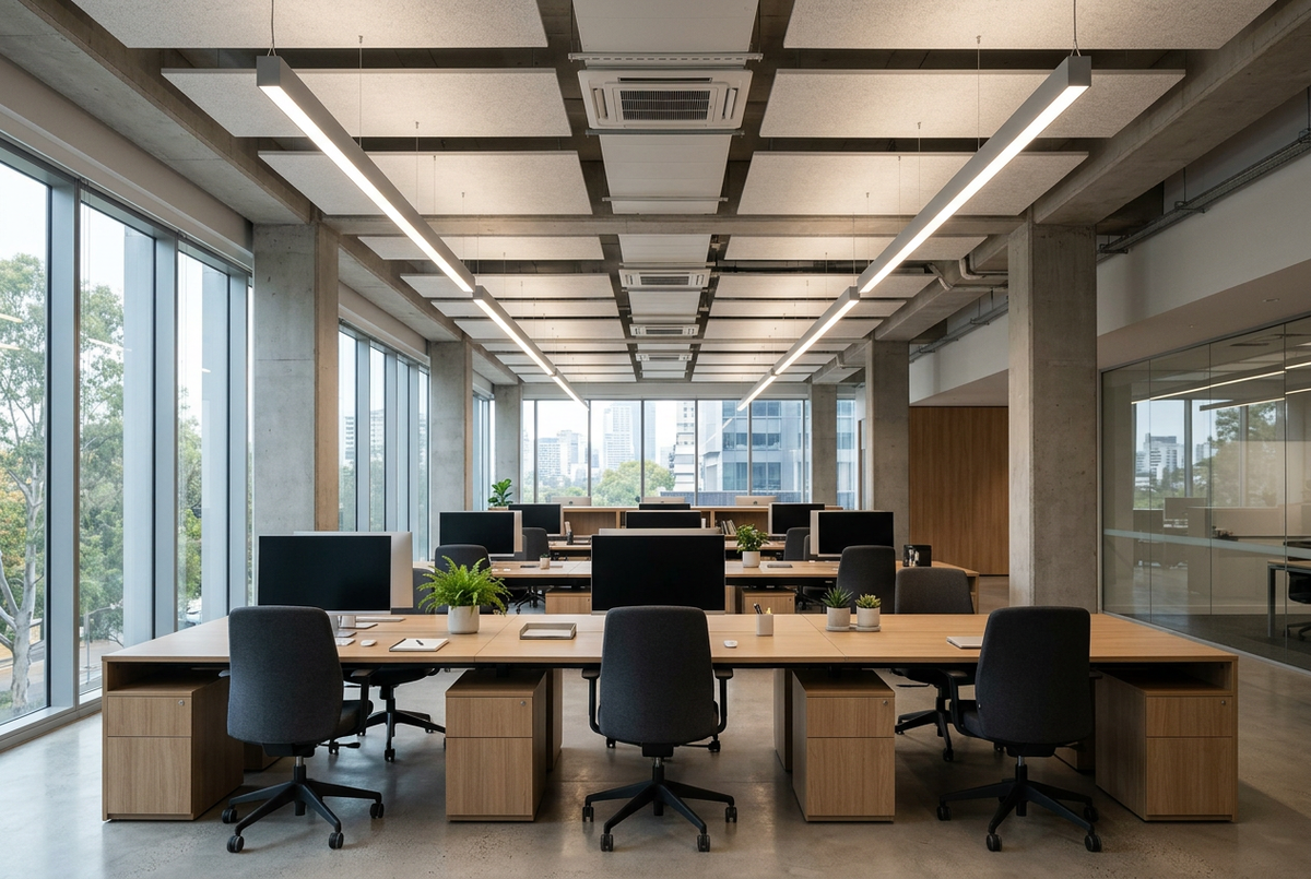 Open-plan office with suspended linear LED lighting above workstations and daylight from large windows.