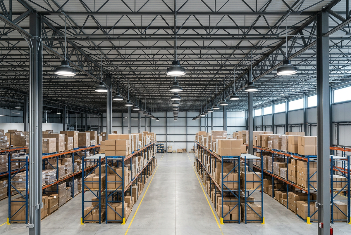 Warehouse with rows of suspended LED high-bay lights above pallet racks and a clear central aisle.