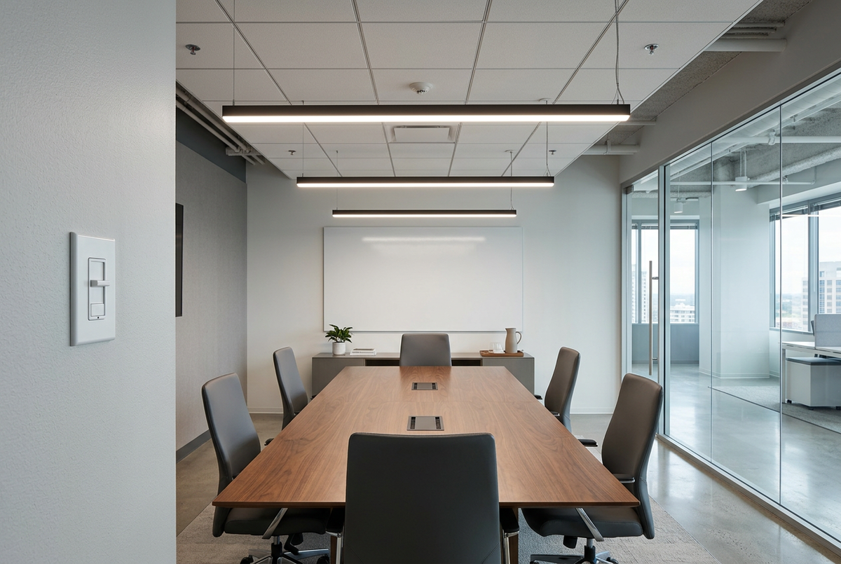 Commercial conference room with suspended linear lighting and a wall-mounted lighting control