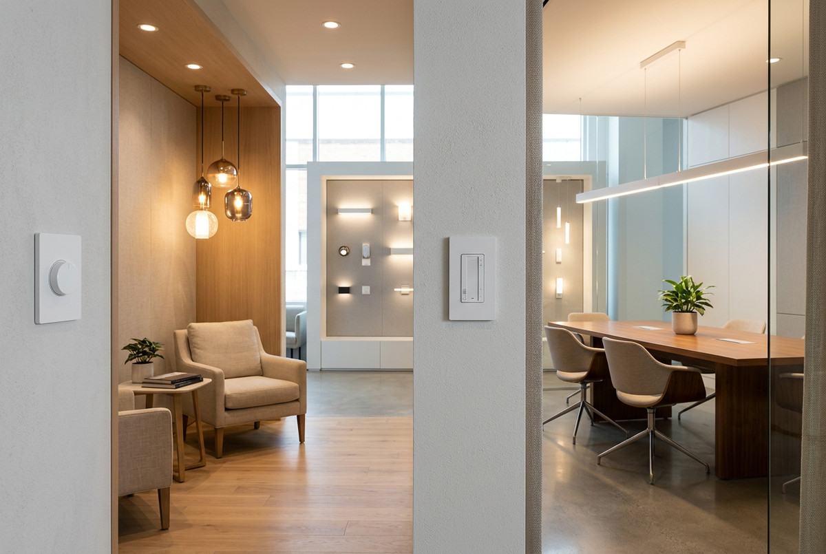 Lighting showroom with decorative pendants, recessed lights, linear lighting, and wall-mounted lighting controls.