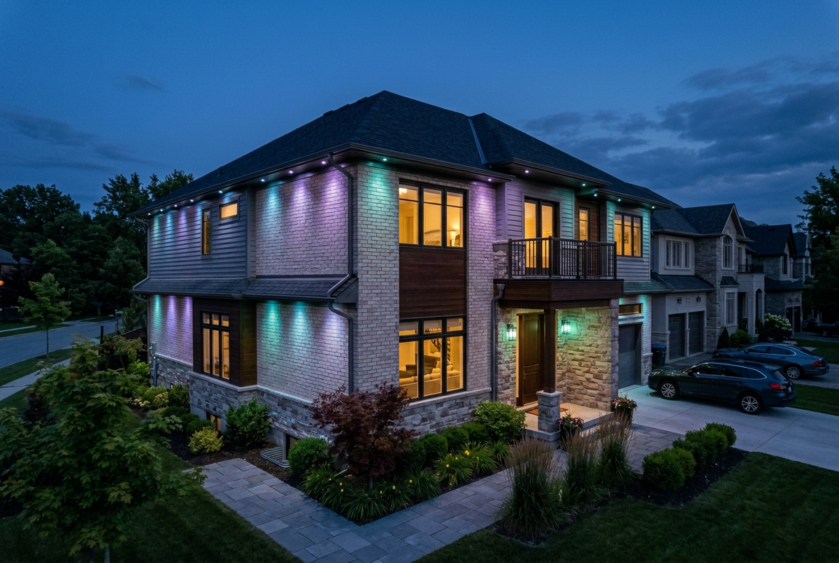 Two-story home at dusk with permanent eave lights casting blue, purple, and teal accents down the exterior walls.