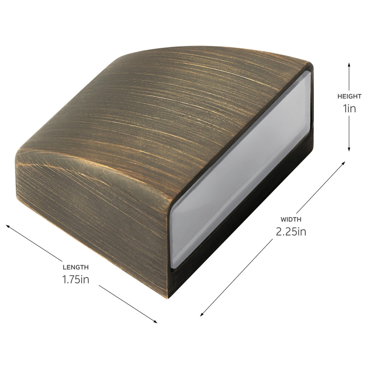 Rectangular landscape LED light housing, brushed brass finish; size marks 1.75 in