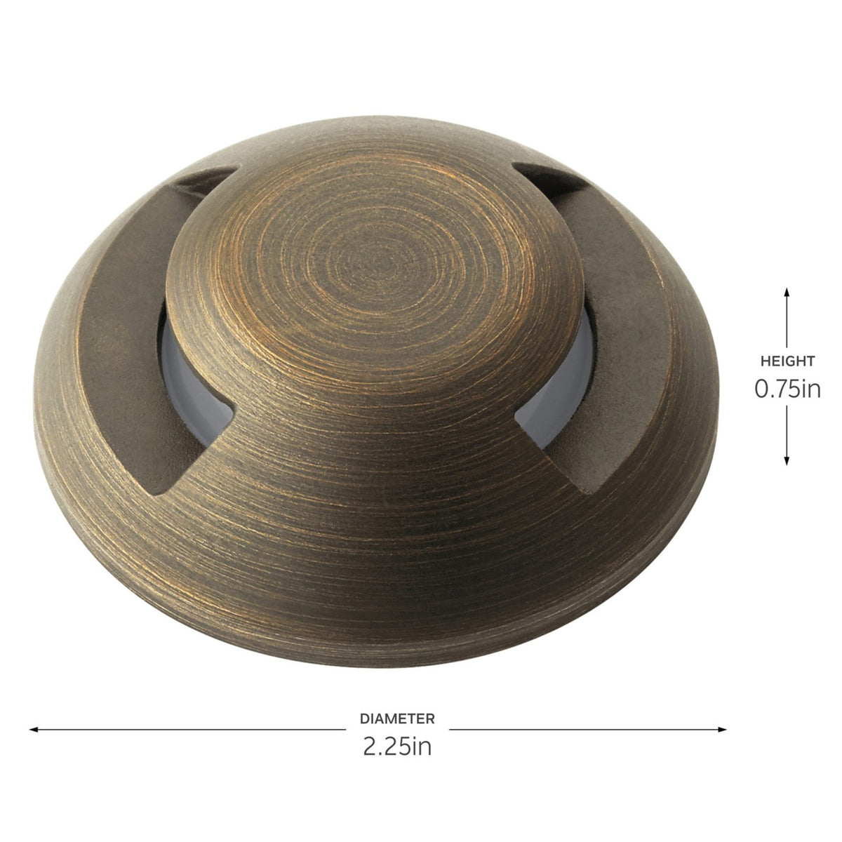 Brass-toned LED landscape component, 2.25in diameter, 0.75in height, textured cap