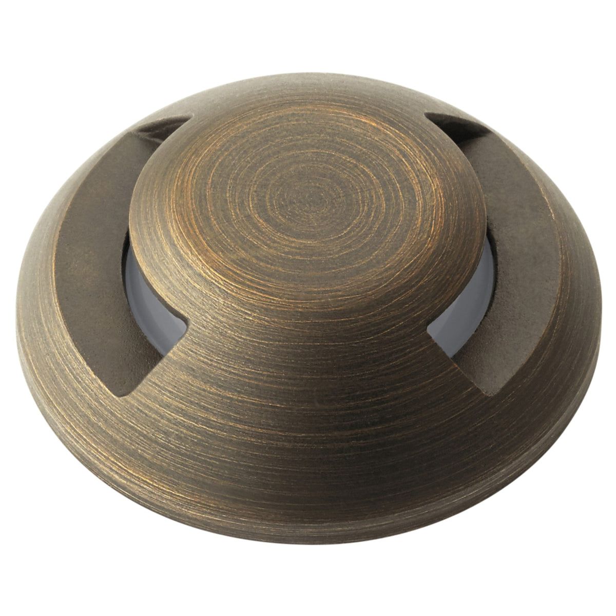 Brass-toned landscape LED light component with textured round cap and recessed lens