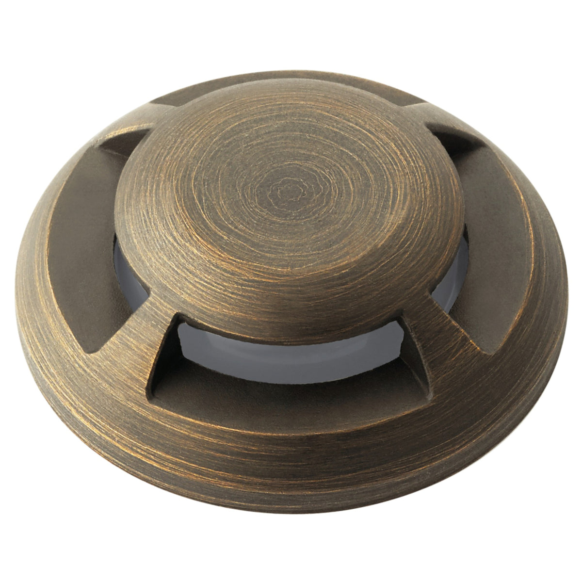 Centennial brass landscape LED lighting component with round cap and cutout grille