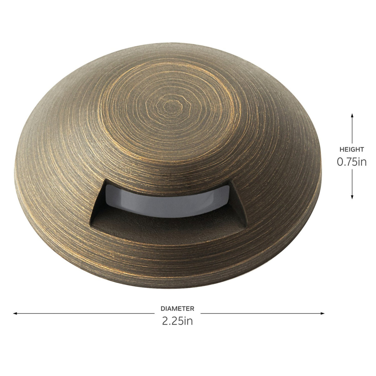 Round bronze LED light cap with dark mounting slot; height and diameter shown
