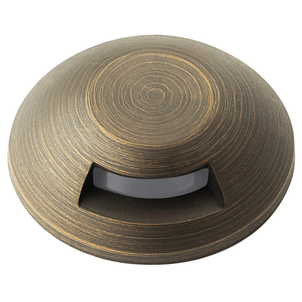 Bronze-toned LED landscape light cap with dark mounting base, round profile