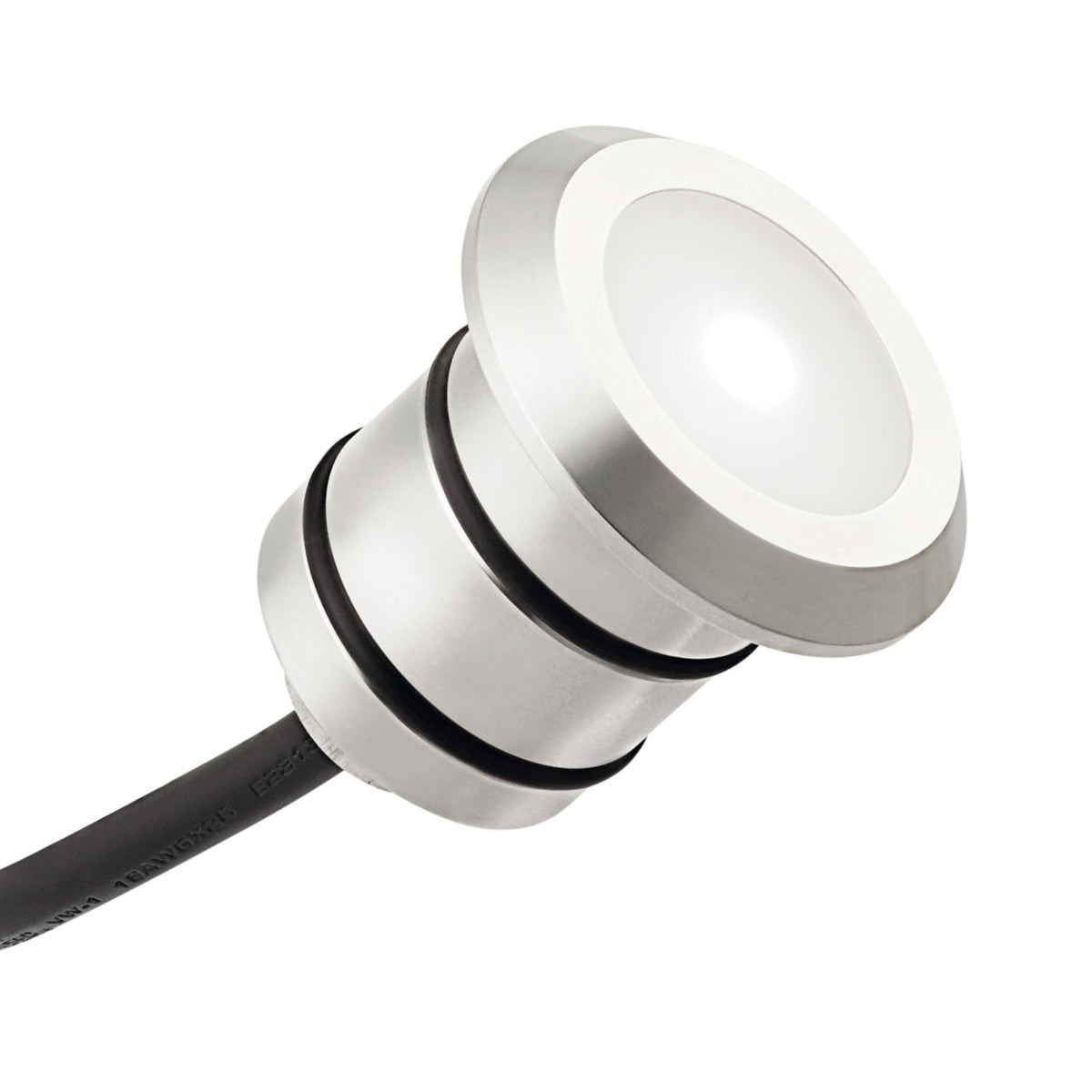 Frosted LED landscape accessory lens with metal housing, black ring, and attached wire
