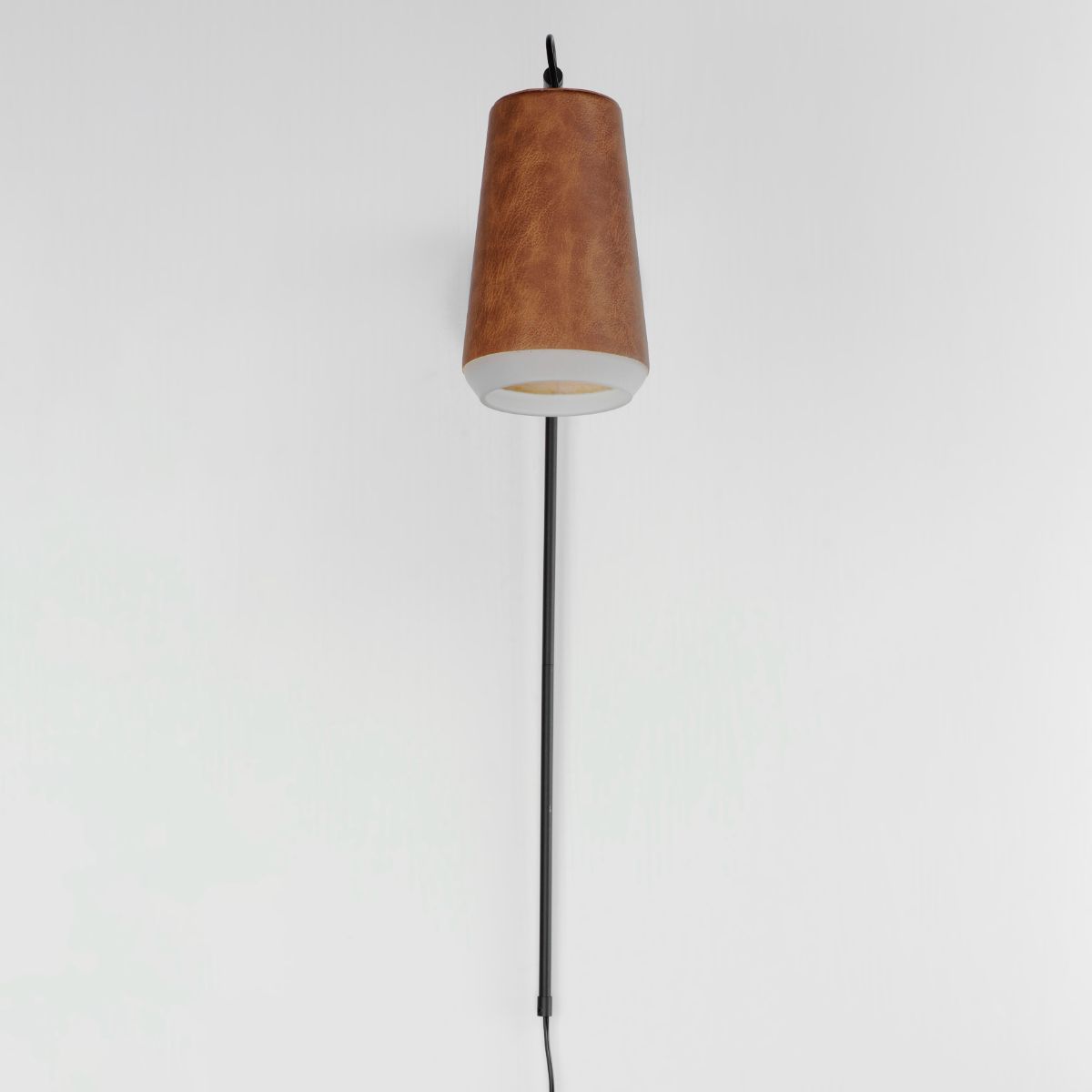 SCOUT 32 in. LED Plug In Swing Arm Wall Sconce Weathered Wood & Tan Leather