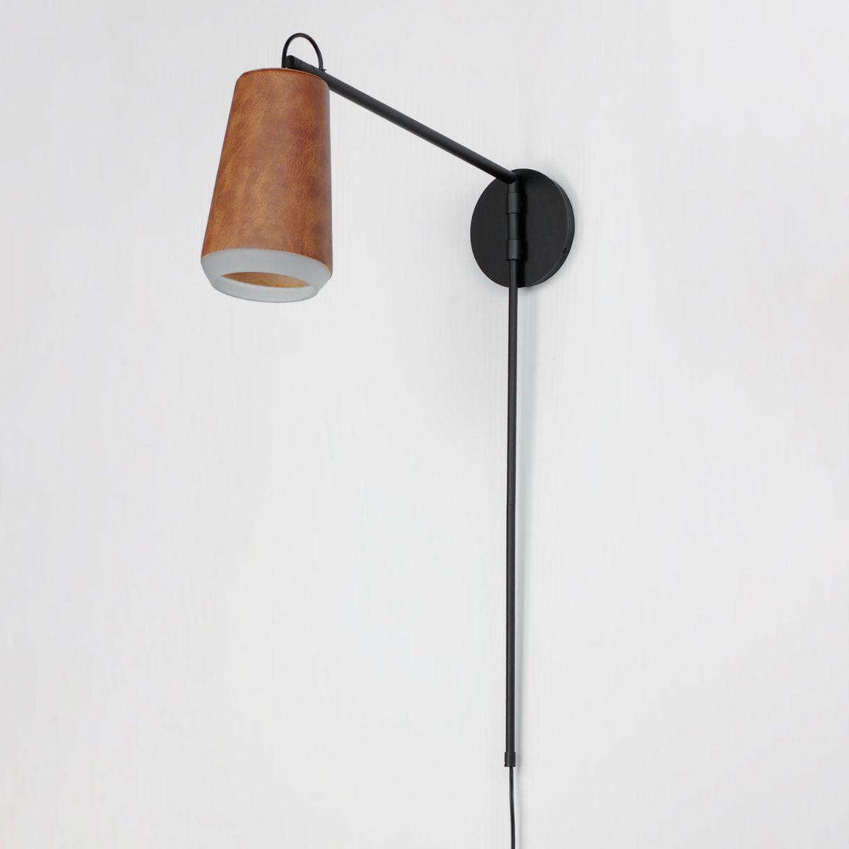 SCOUT 32 in. LED Plug In Swing Arm Wall Sconce Weathered Wood & Tan Leather