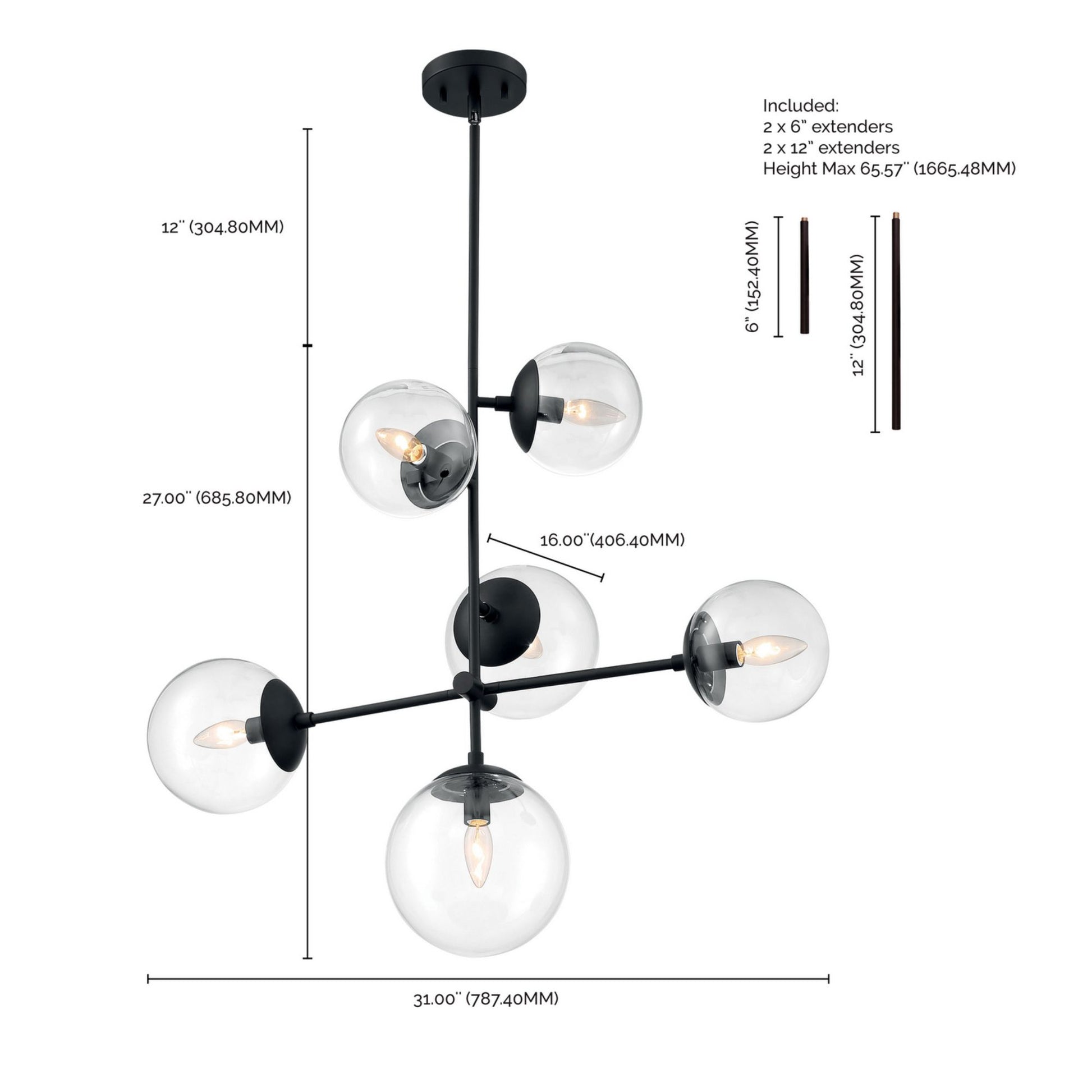 Sky 31" 6 Lights Pendant, Black Finish - Bees Lighting